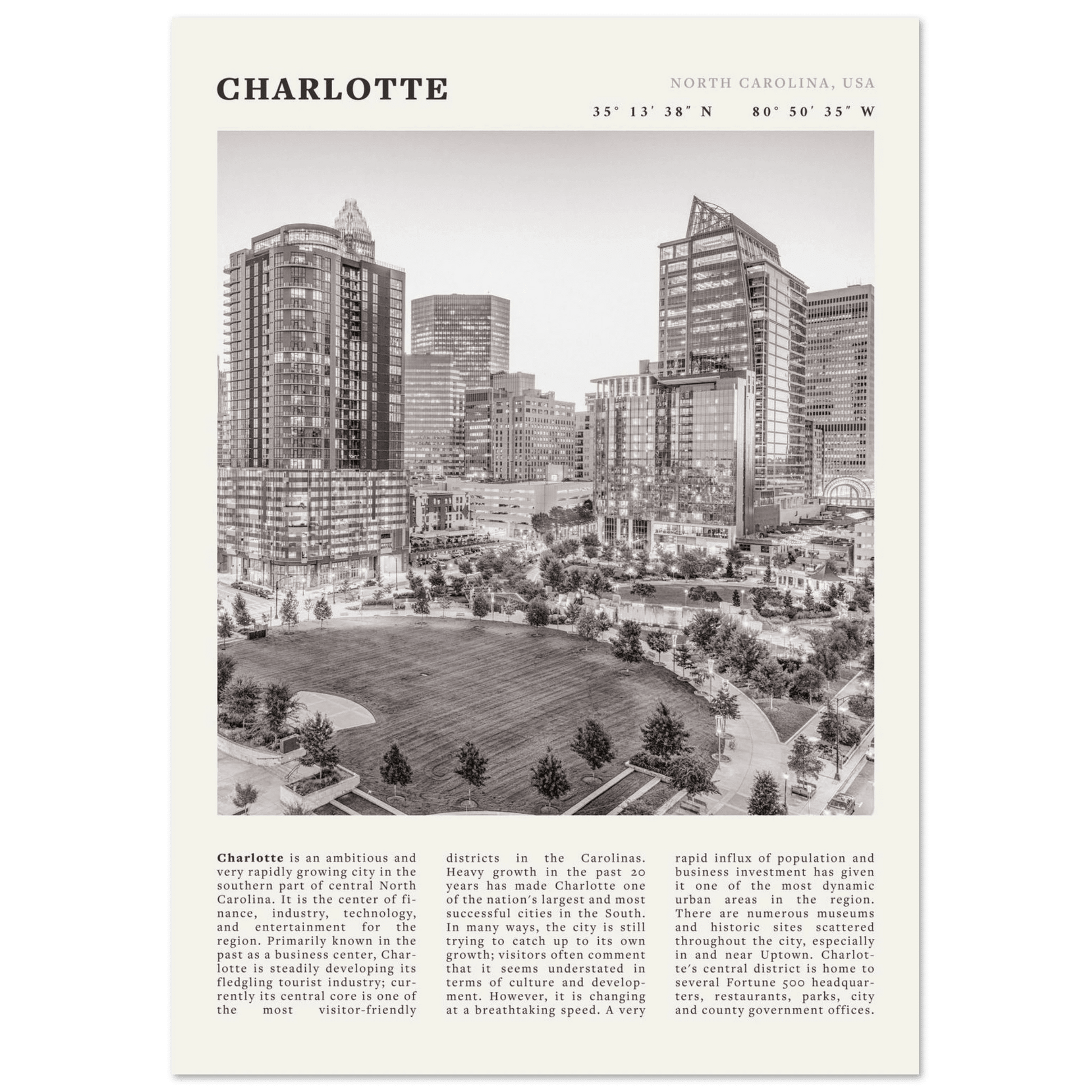Charlotte Poster | Black & White North Carolina Skyline Wall Art | NC Travel Print - Evergreen Posters