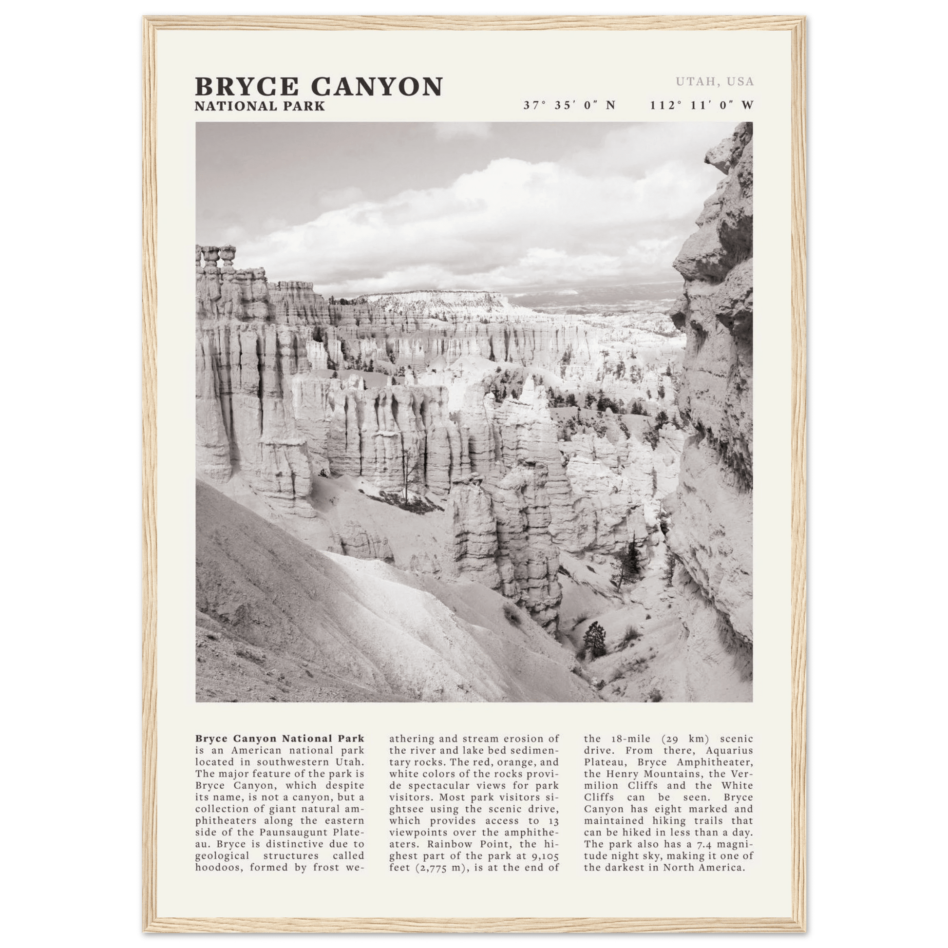 Bryce Canyon National Park Poster | Black & White Utah Hoodoos Wall Art Print - Evergreen Posters - 28