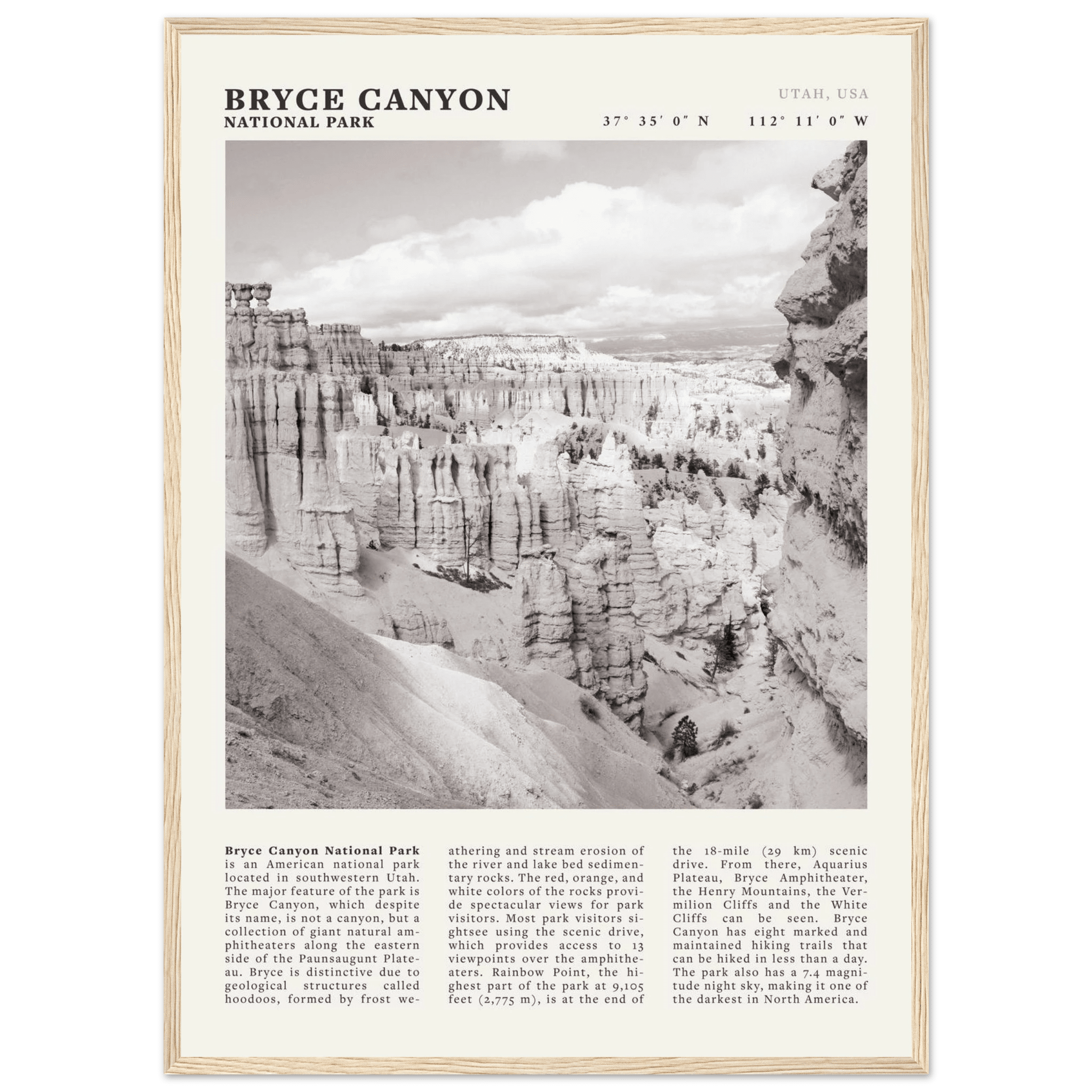 Bryce Canyon National Park Poster | Black & White Utah Hoodoos Wall Art Print - Evergreen Posters - 28
