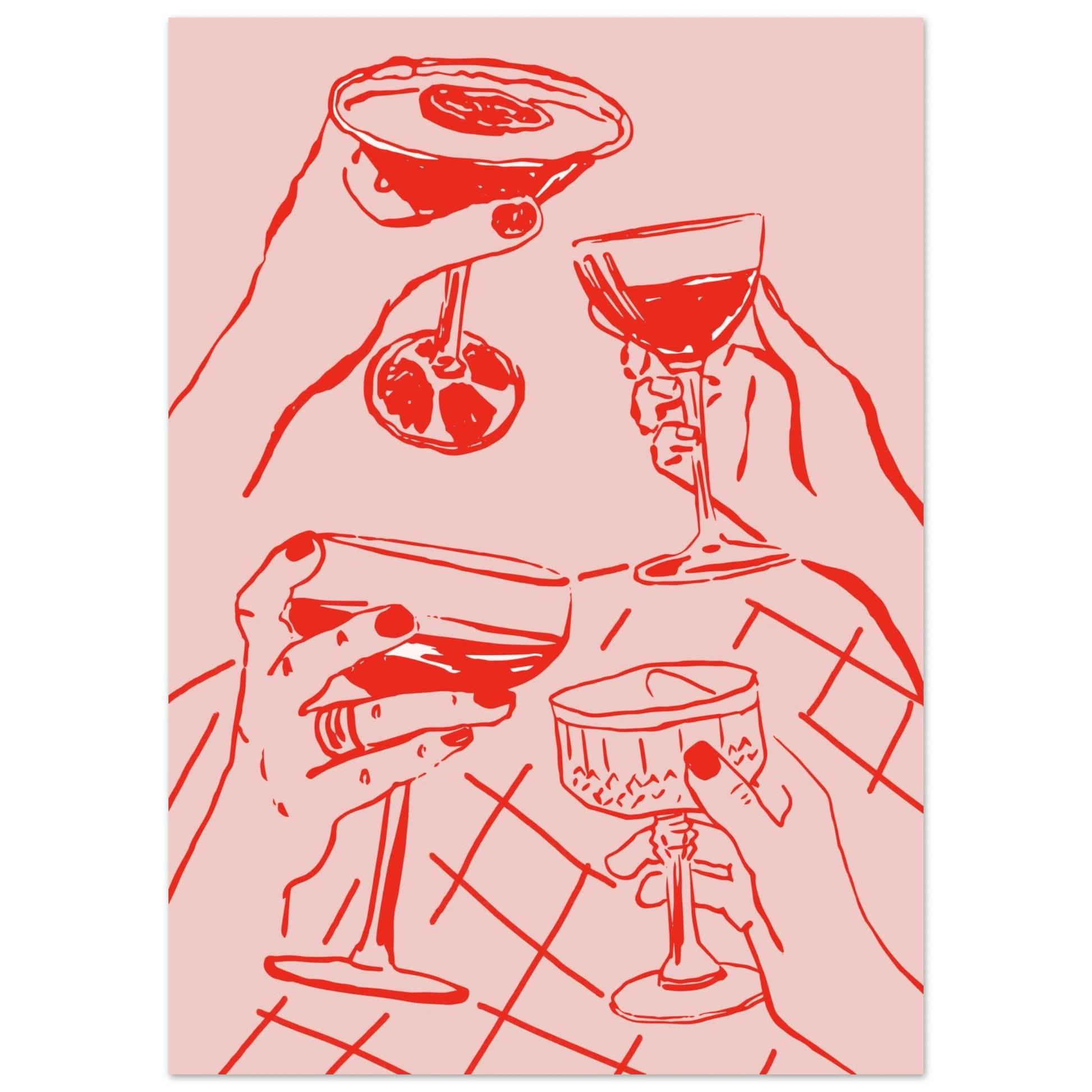 Cheers Print | Red & Pink Cocktail Glasses Wall Art | Kitchen Bar Poster - Evergreen Posters