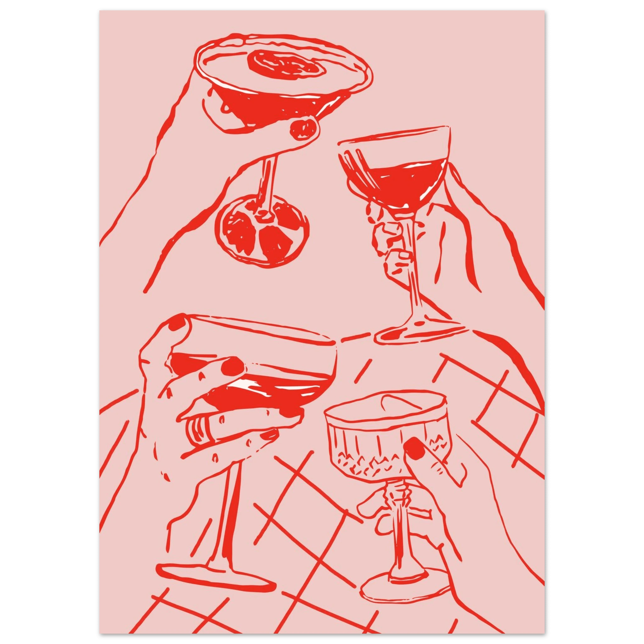Cheers Print | Red & Pink Cocktail Glasses Wall Art | Kitchen Bar Poster - Evergreen Posters