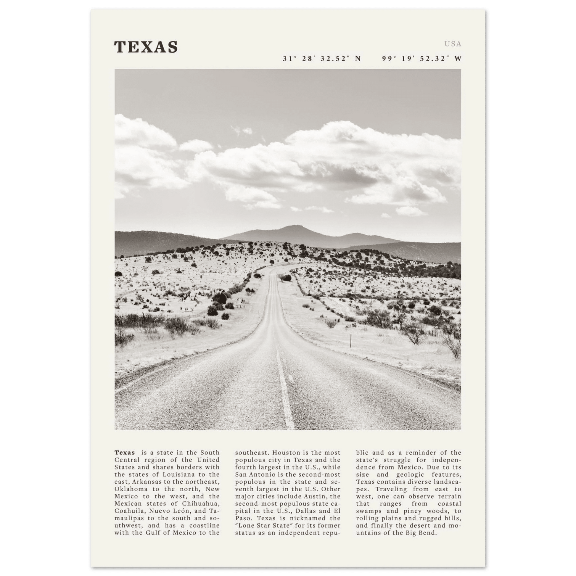 Texas Poster | Black & White Lone Star Road Wall Art | USA Travel Print Decor - Evergreen Posters