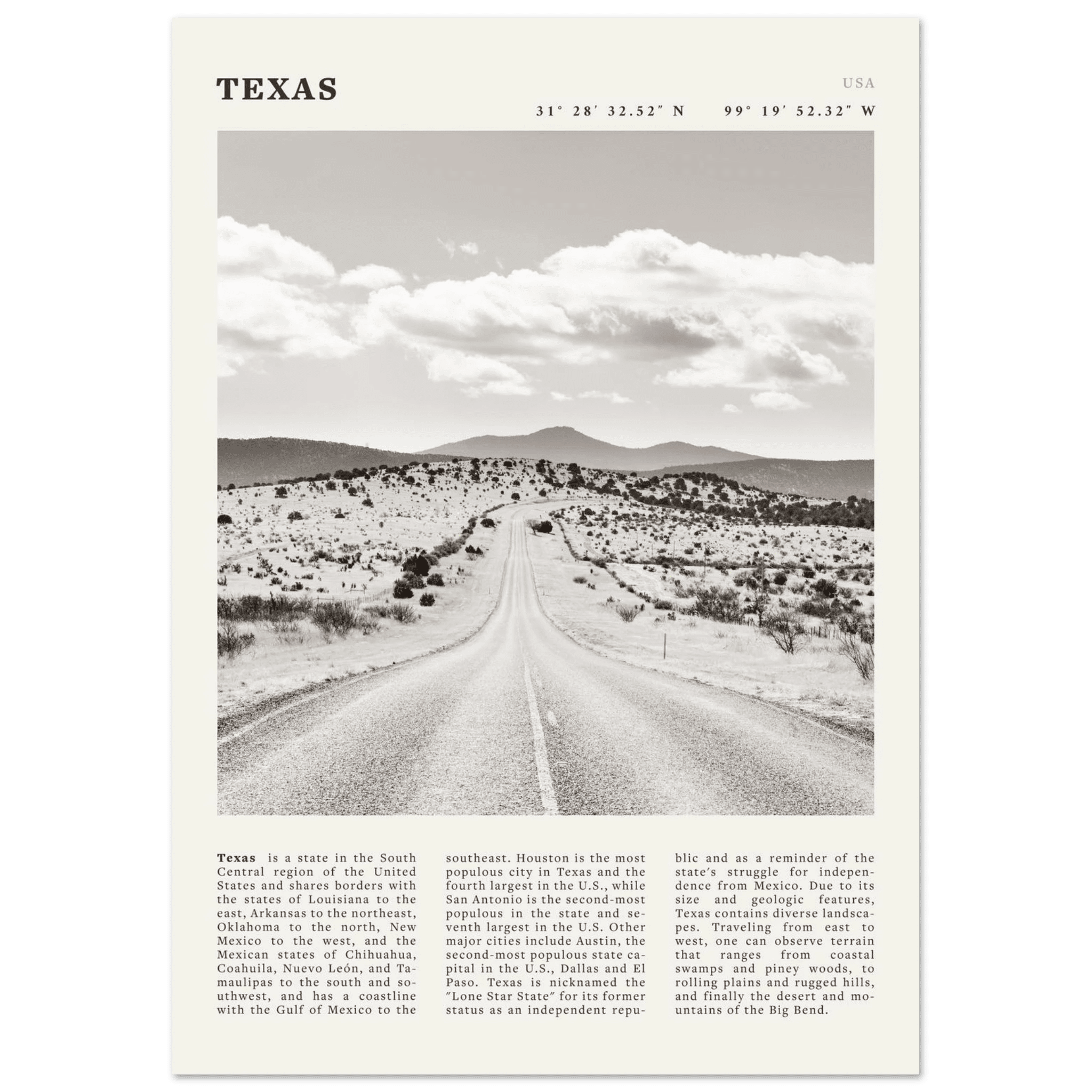 Texas Poster | Black & White Lone Star Road Wall Art | USA Travel Print Decor - Evergreen Posters