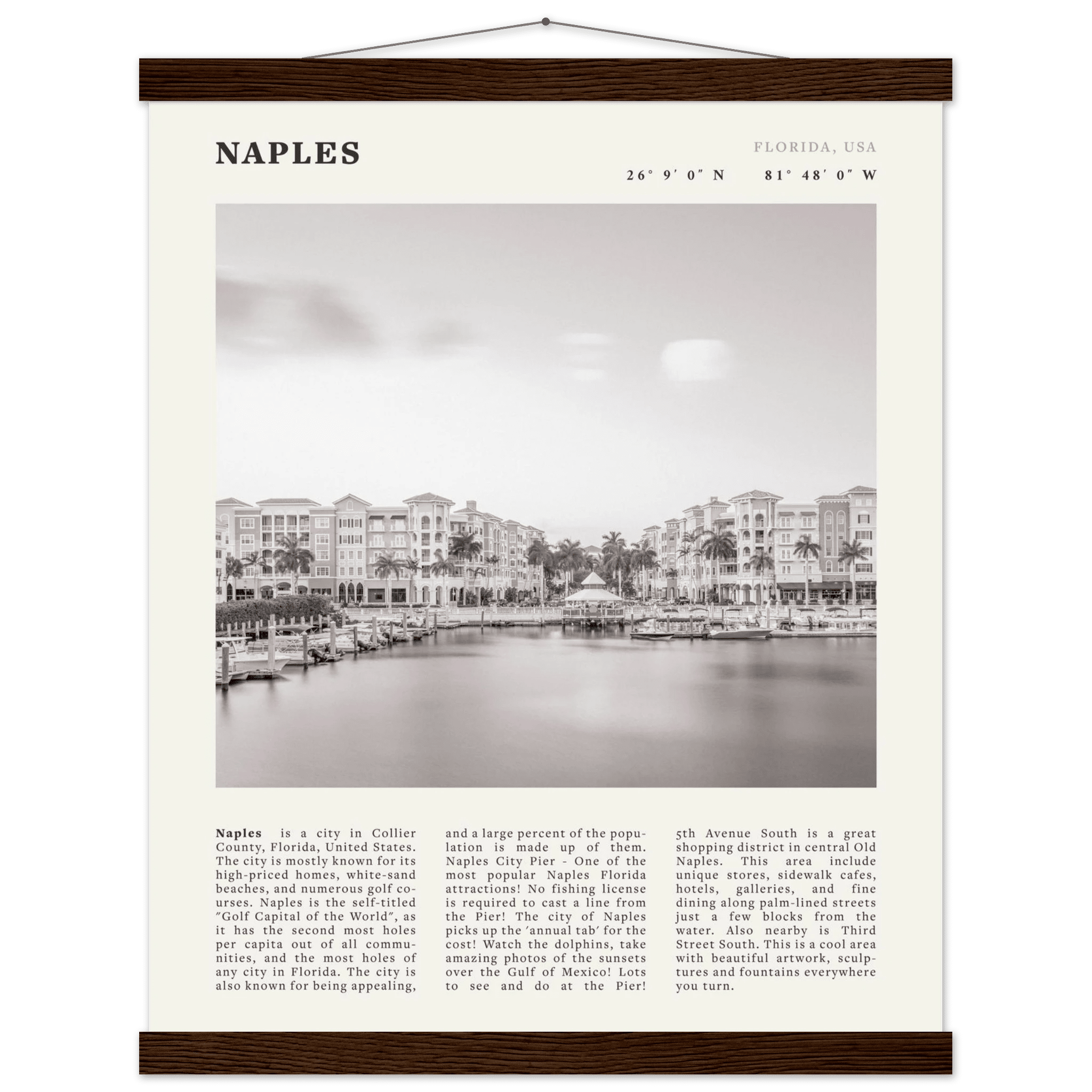 Naples Florida Poster | Black & White Gulf Coast Wall Art | FL Travel Print - Evergreen Posters