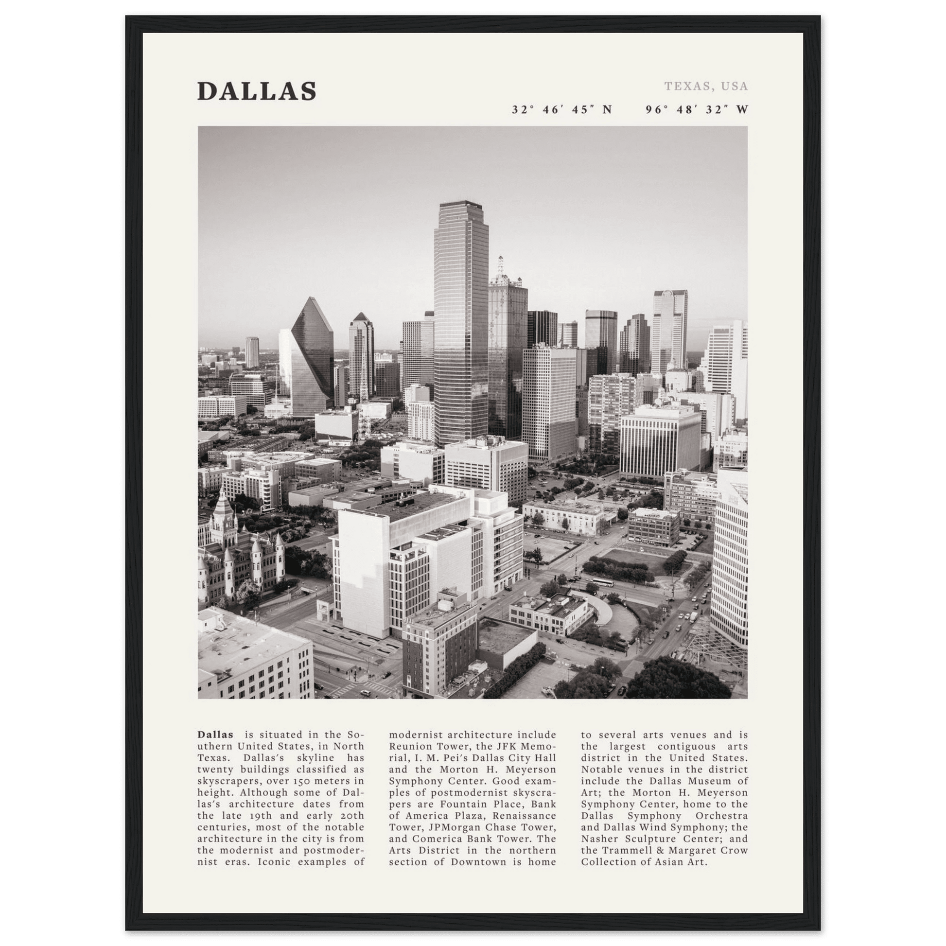 Dallas Poster | Black & White Texas Skyline Wall Art | City Travel Print Decor - Evergreen Posters