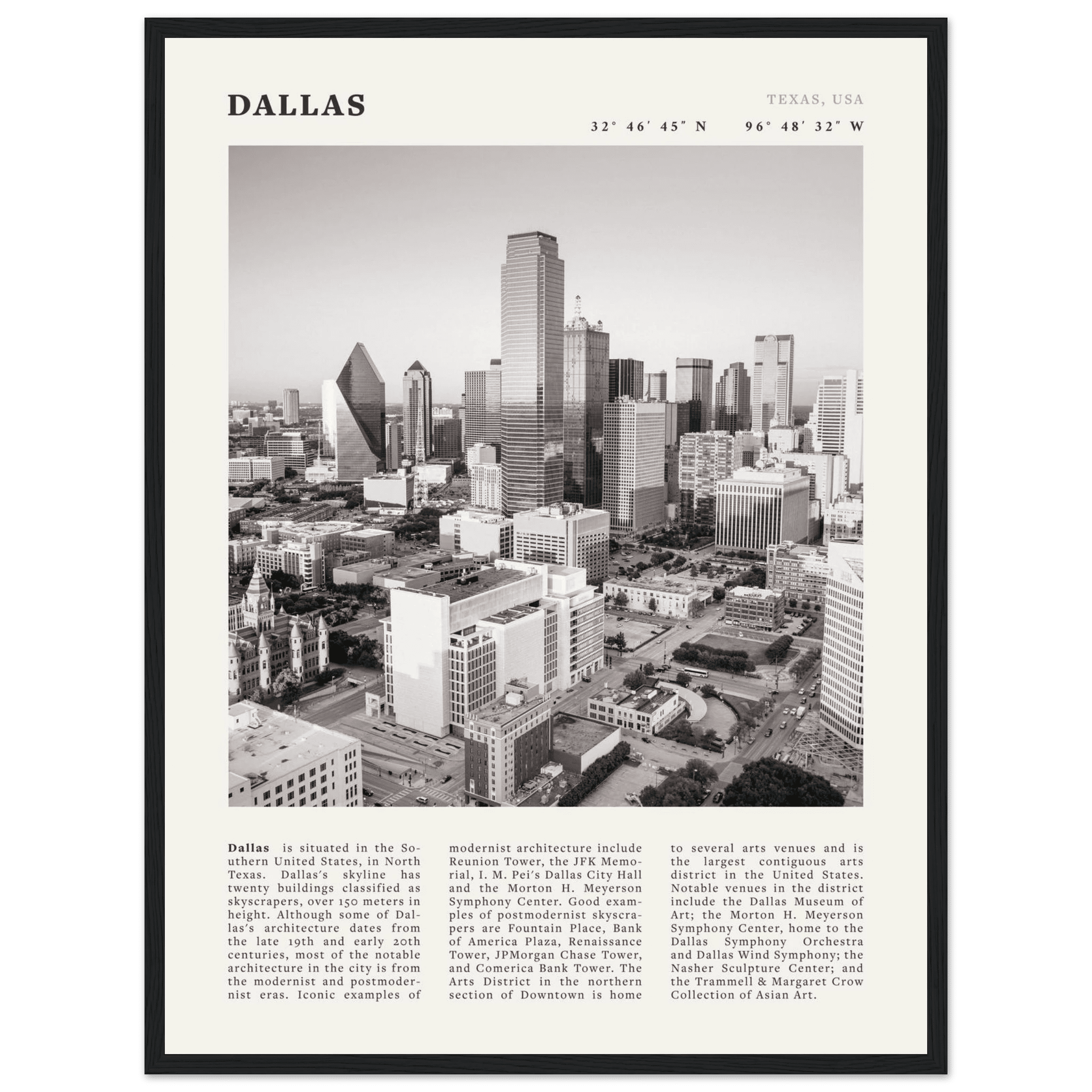 Dallas Poster | Black & White Texas Skyline Wall Art | City Travel Print Decor - Evergreen Posters