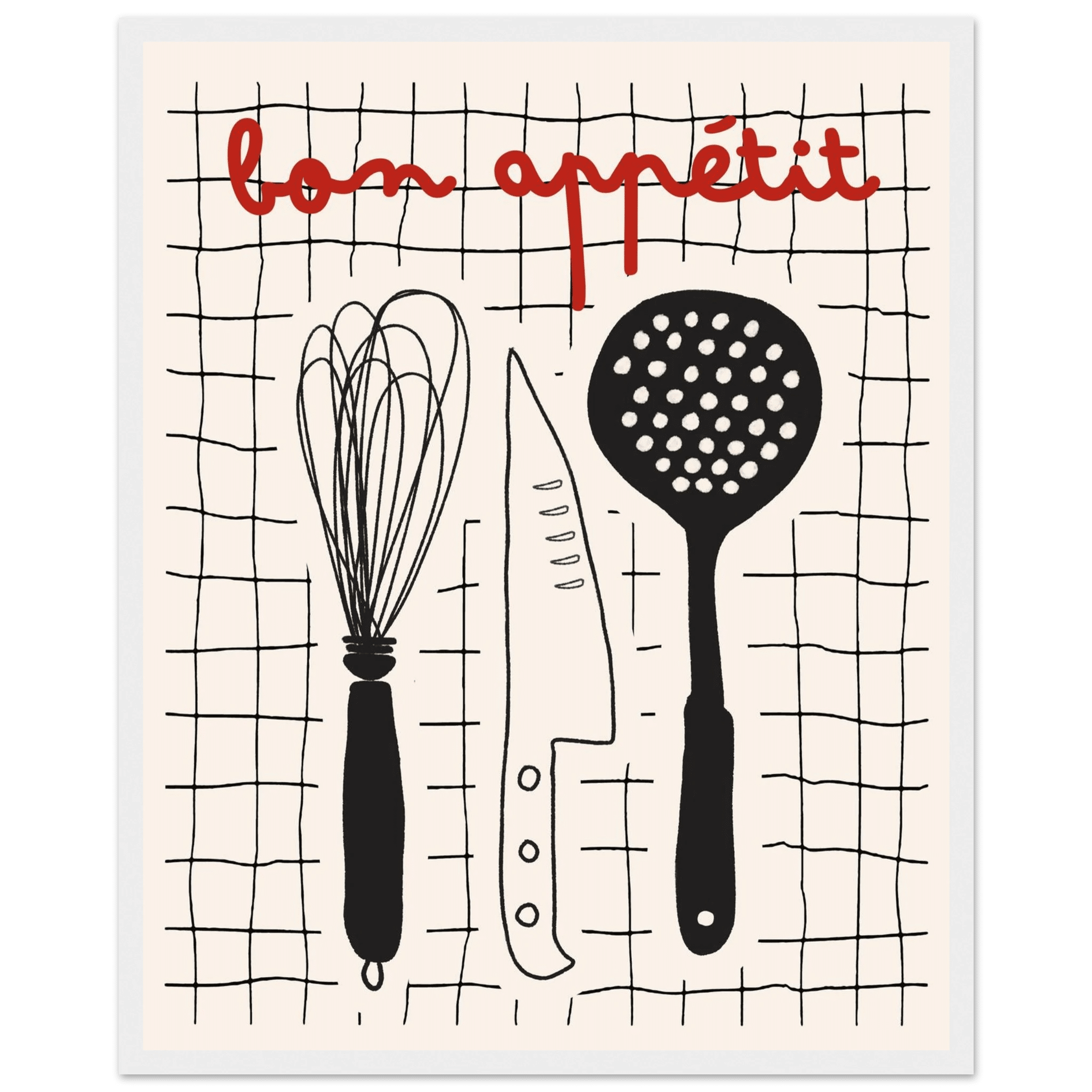 Bon Appétit French Kitchen Print | Bold Black Red Wall Art Poster - Evergreen Posters