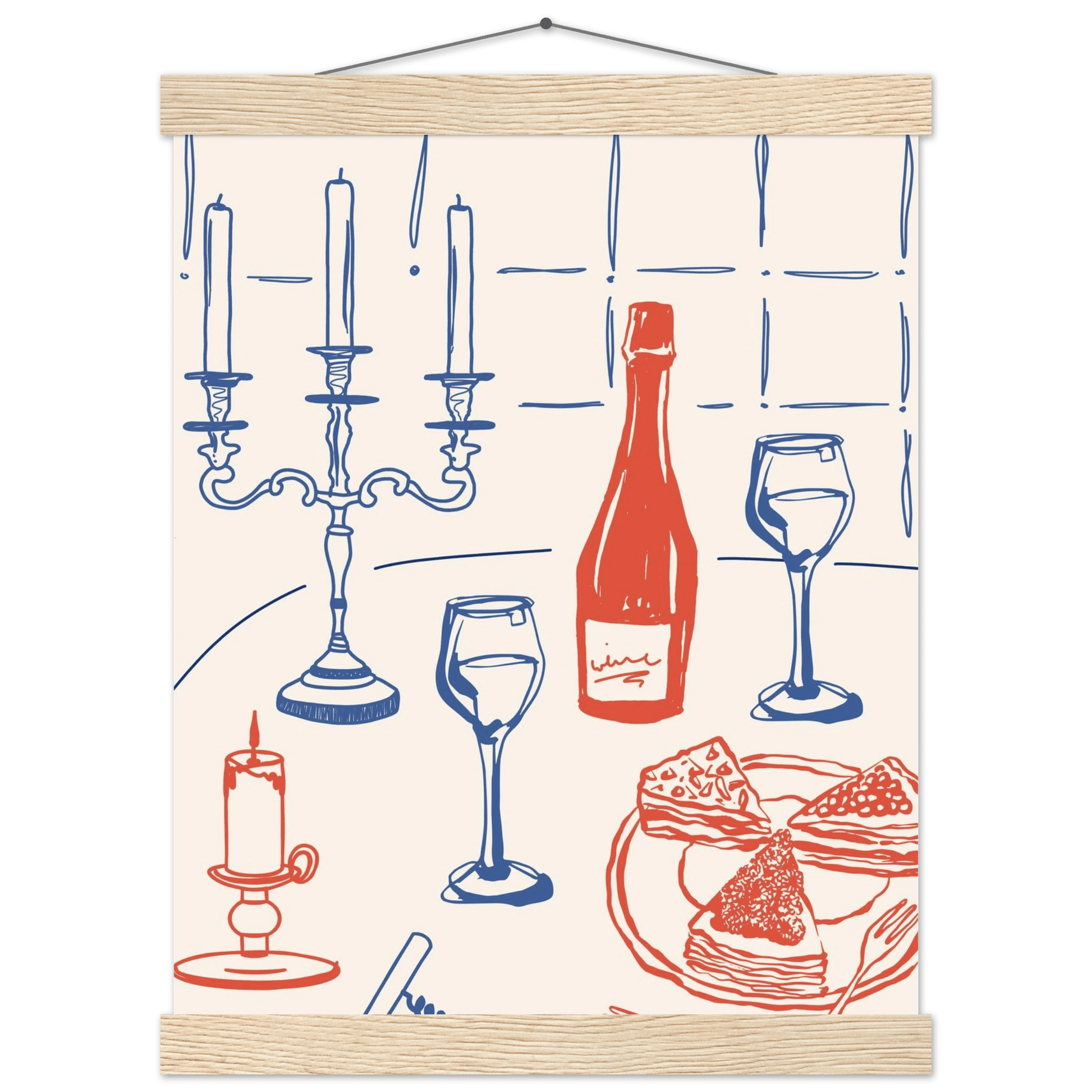 Candlelight Dinner Print | Wine & Candelabra Line Art Wall Art | Kitchen Poster - Evergreen Posters