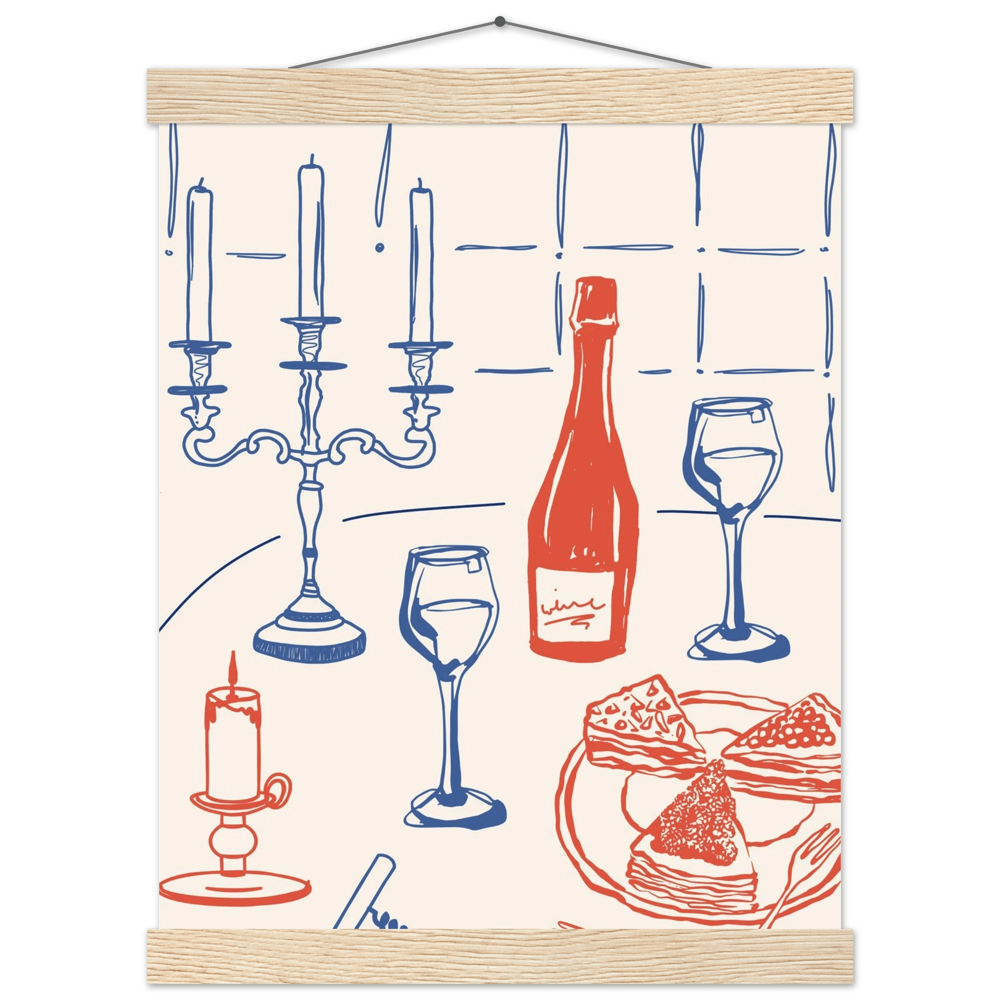 Candlelight Dinner Print | Wine & Candelabra Line Art Wall Art | Kitchen Poster - Evergreen Posters
