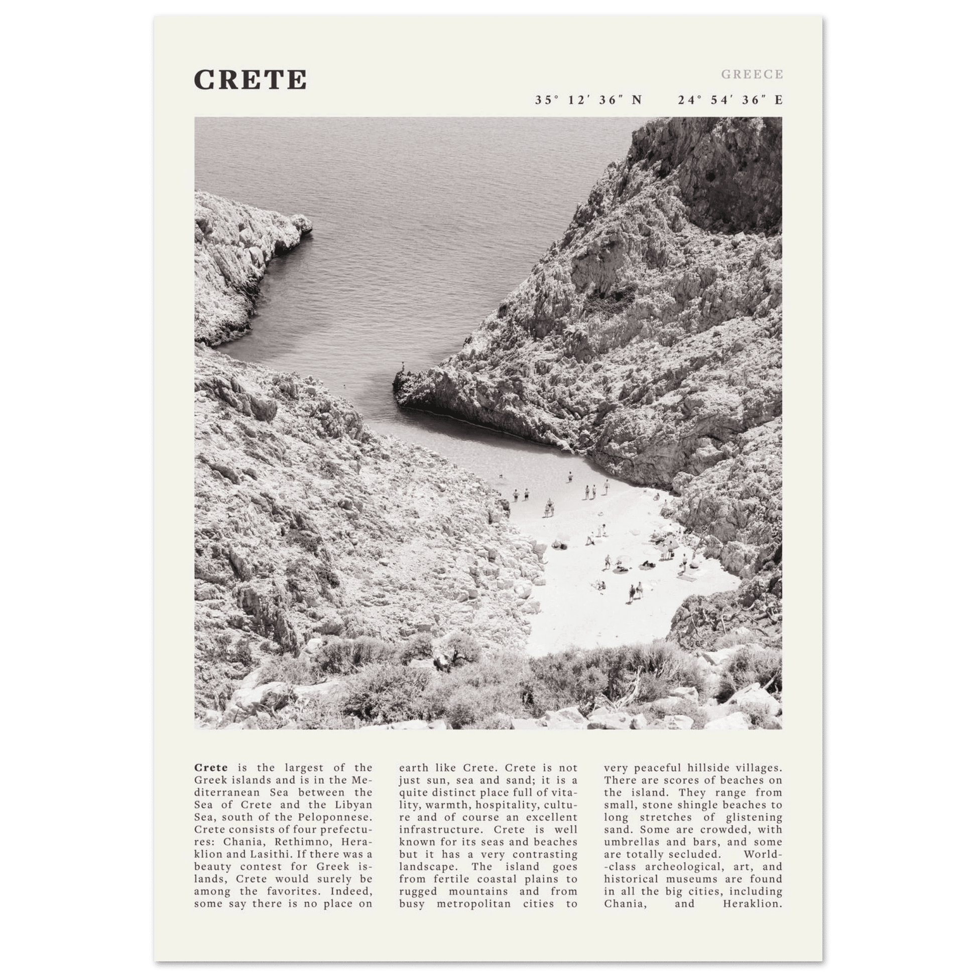 Crete Poster | Black & White Greece Beach Wall Art | Mediterranean Travel Print - Evergreen Posters