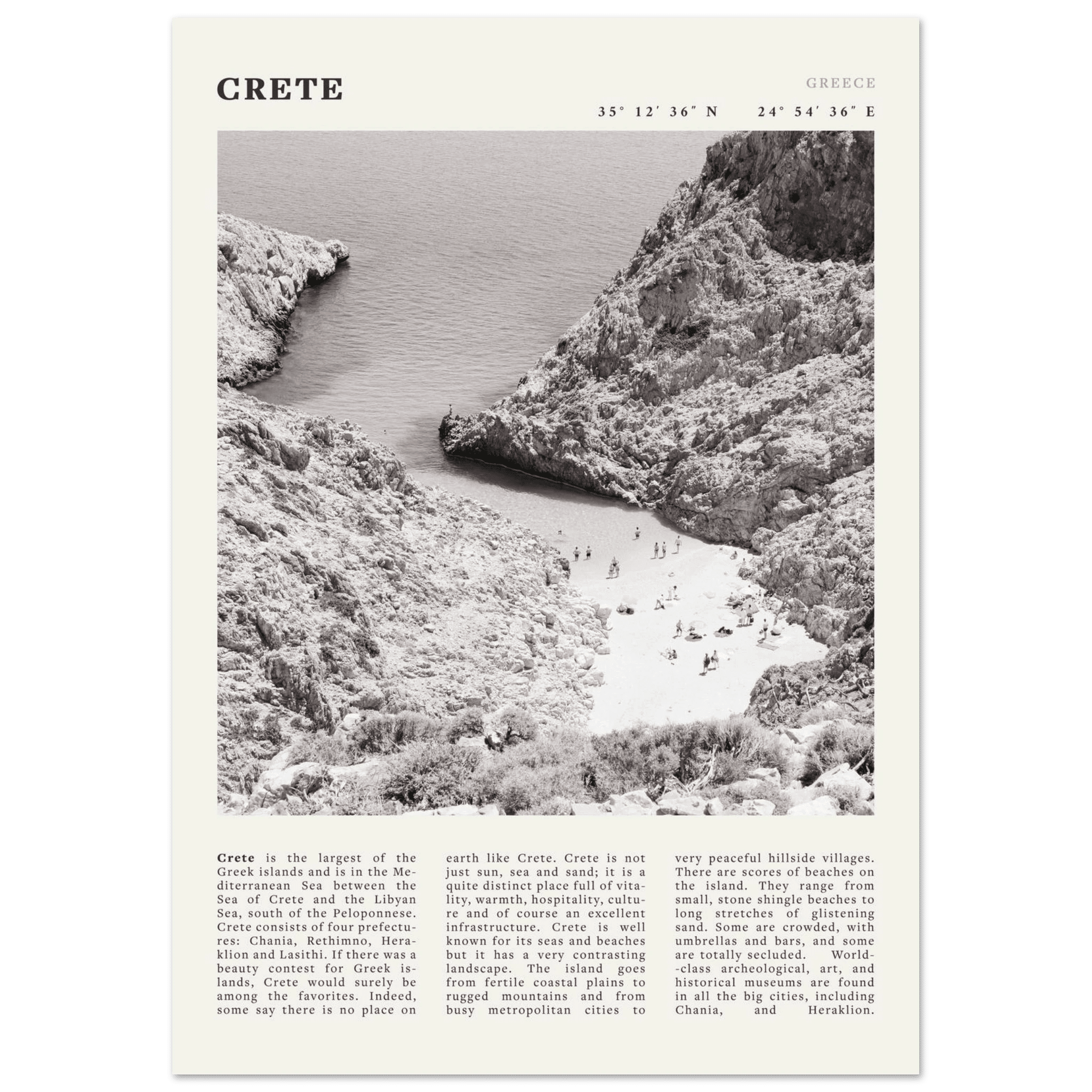 Crete Poster | Black & White Greece Beach Wall Art | Mediterranean Travel Print - Evergreen Posters