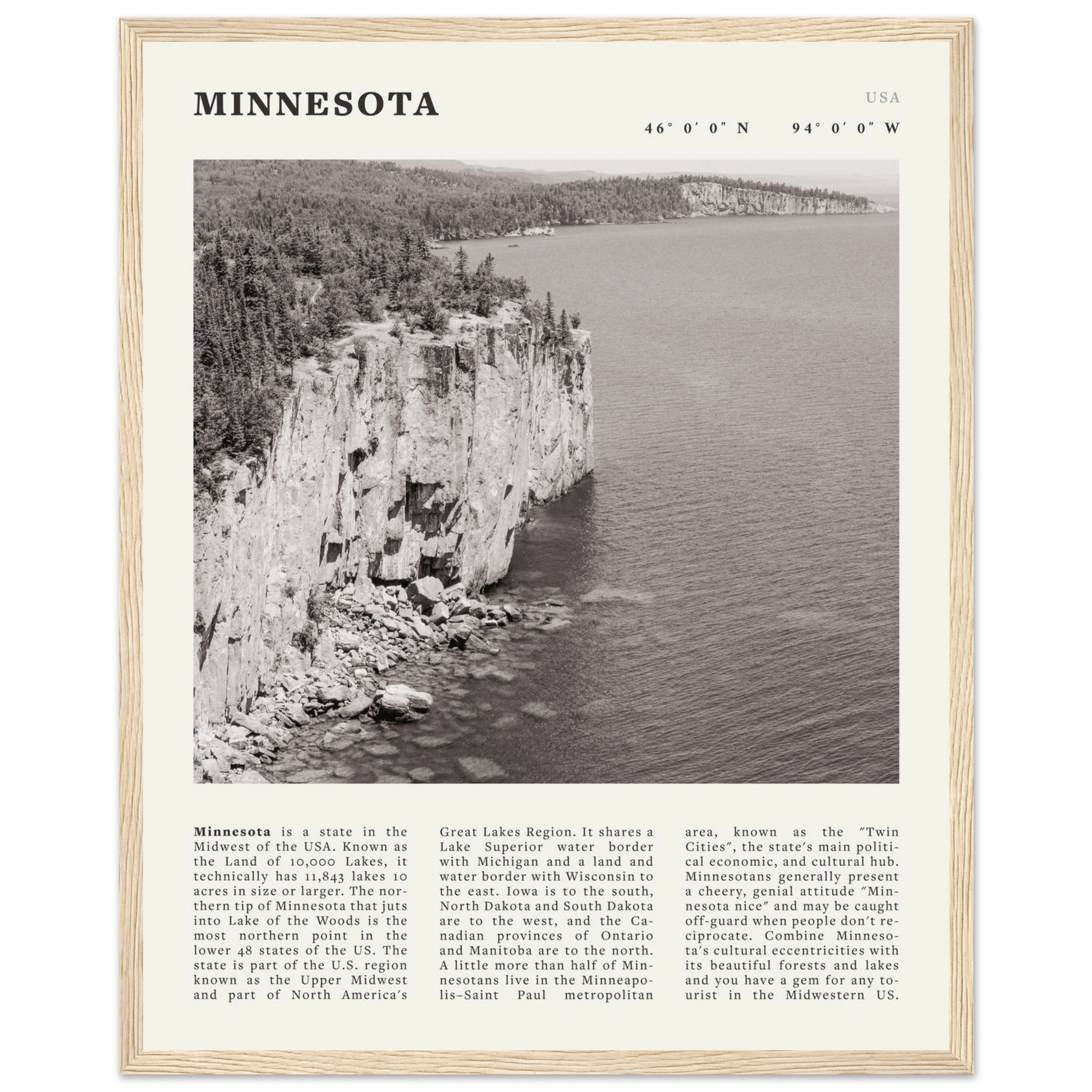 Minnesota Poster | Black & White Lake Superior Wall Art | USA Nature Travel Print - Evergreen Posters