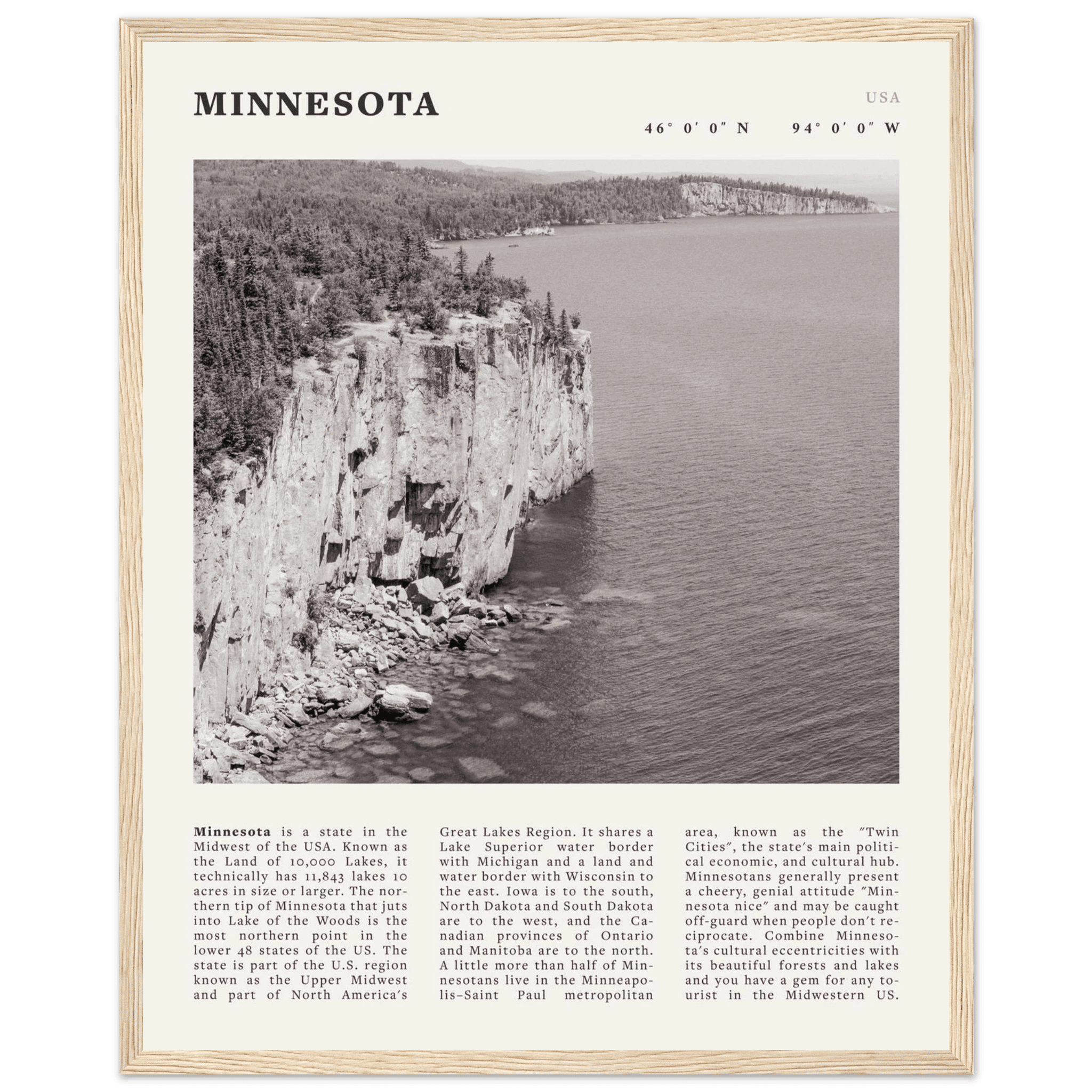 Minnesota Poster | Black & White Lake Superior Wall Art | USA Nature Travel Print - Evergreen Posters
