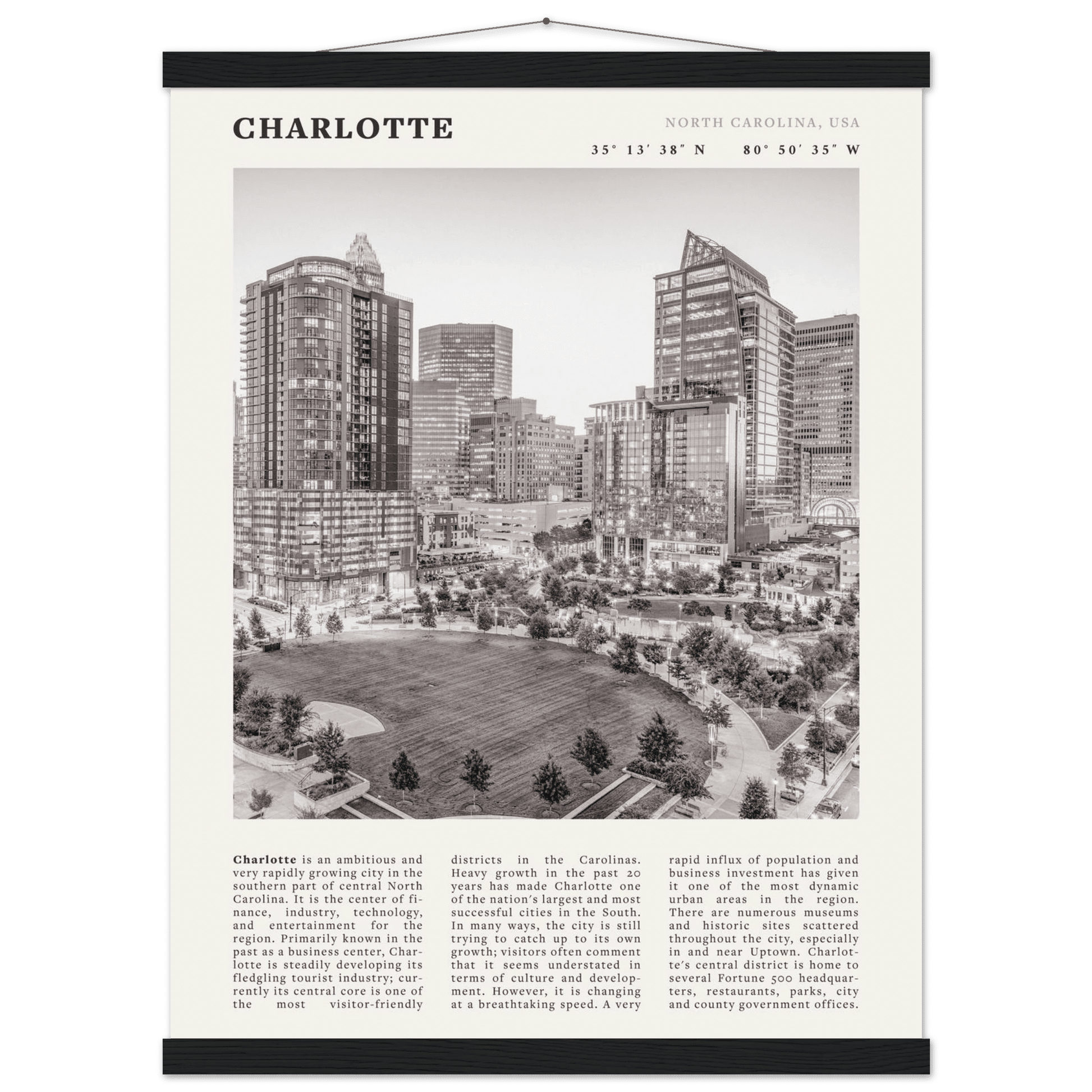 Charlotte Poster | Black & White North Carolina Skyline Wall Art | NC Travel Print - Evergreen Posters
