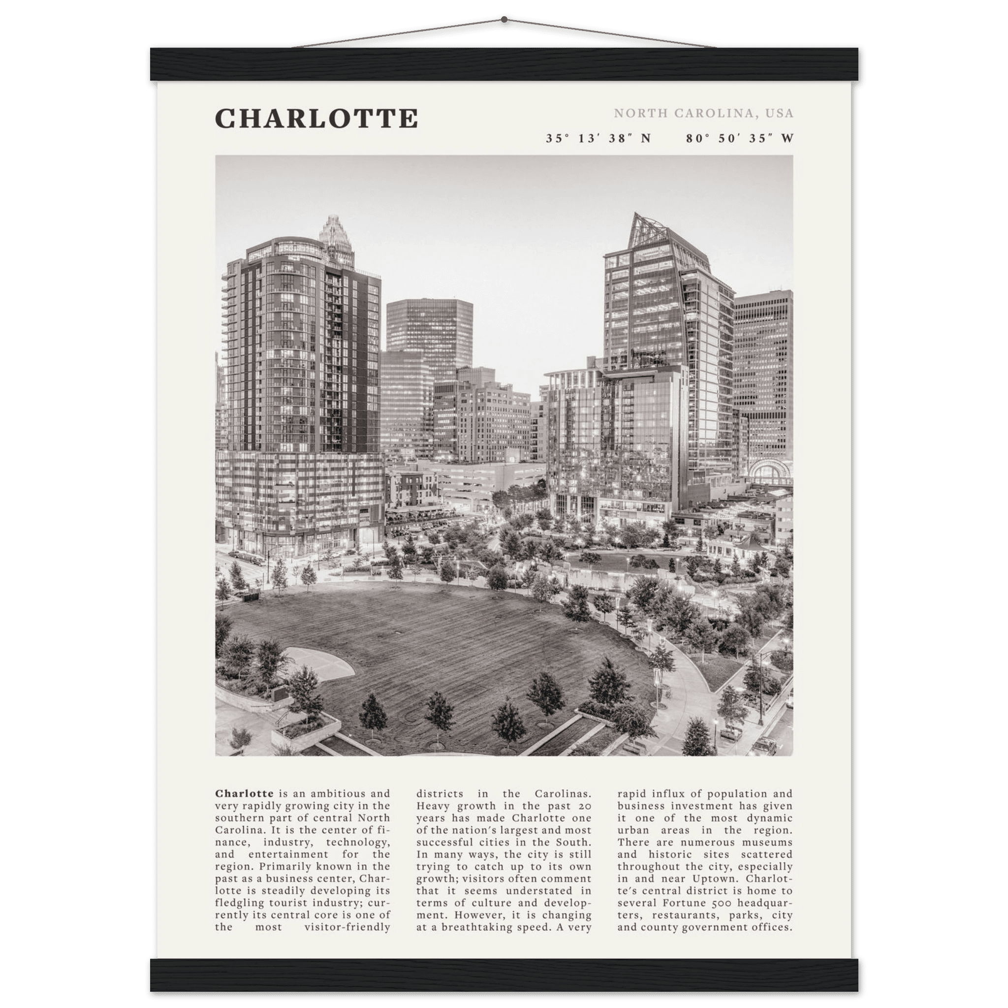 Charlotte Poster | Black & White North Carolina Skyline Wall Art | NC Travel Print - Evergreen Posters