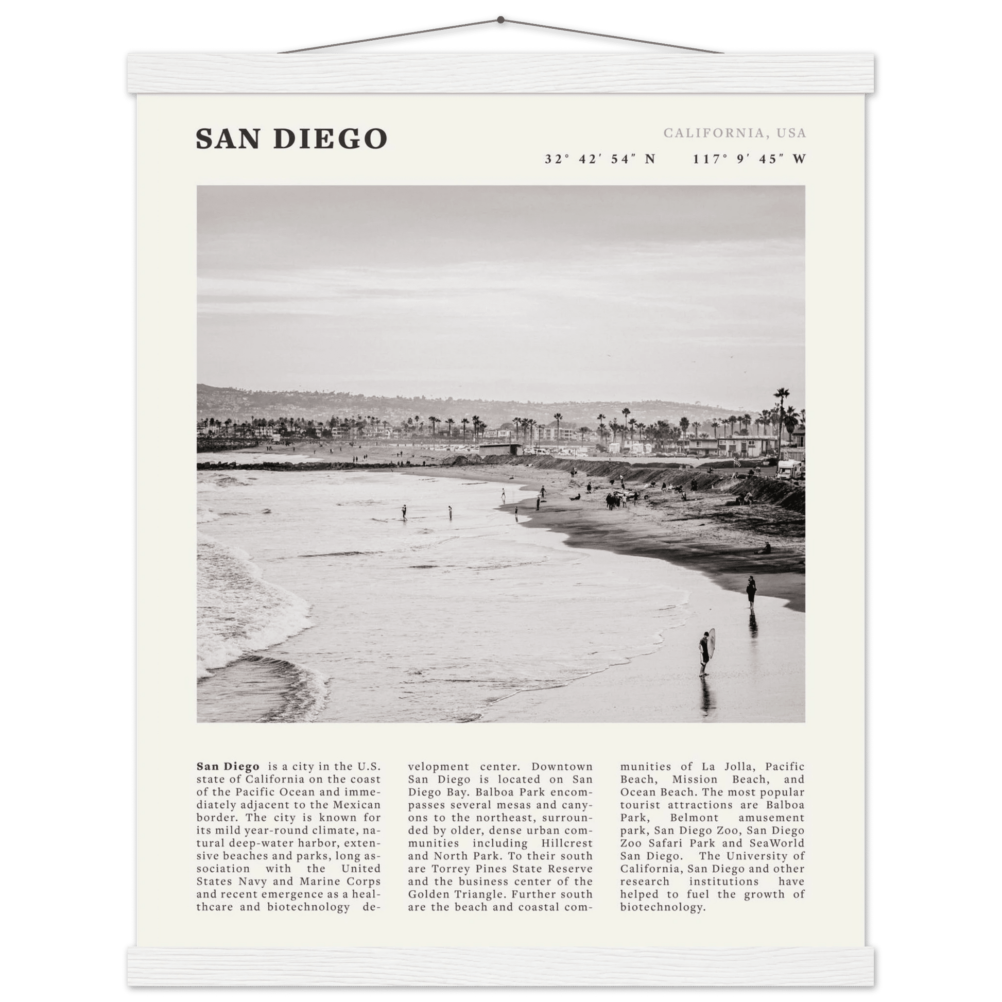 San Diego Poster | Black & White California Beach Wall Art | Coastal Travel Print Decor - Evergreen Posters