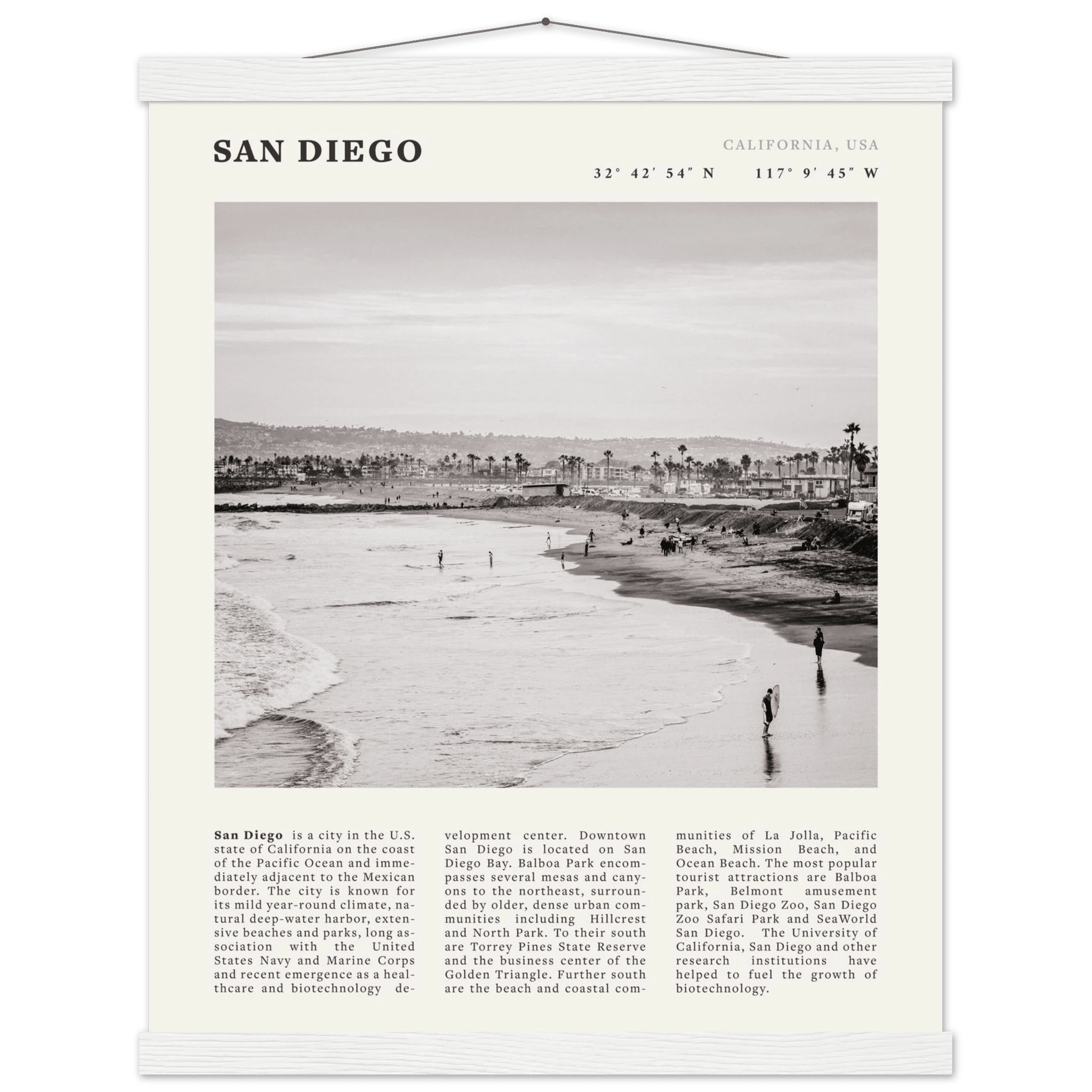 San Diego Poster | Black & White California Beach Wall Art | Coastal Travel Print Decor - Evergreen Posters