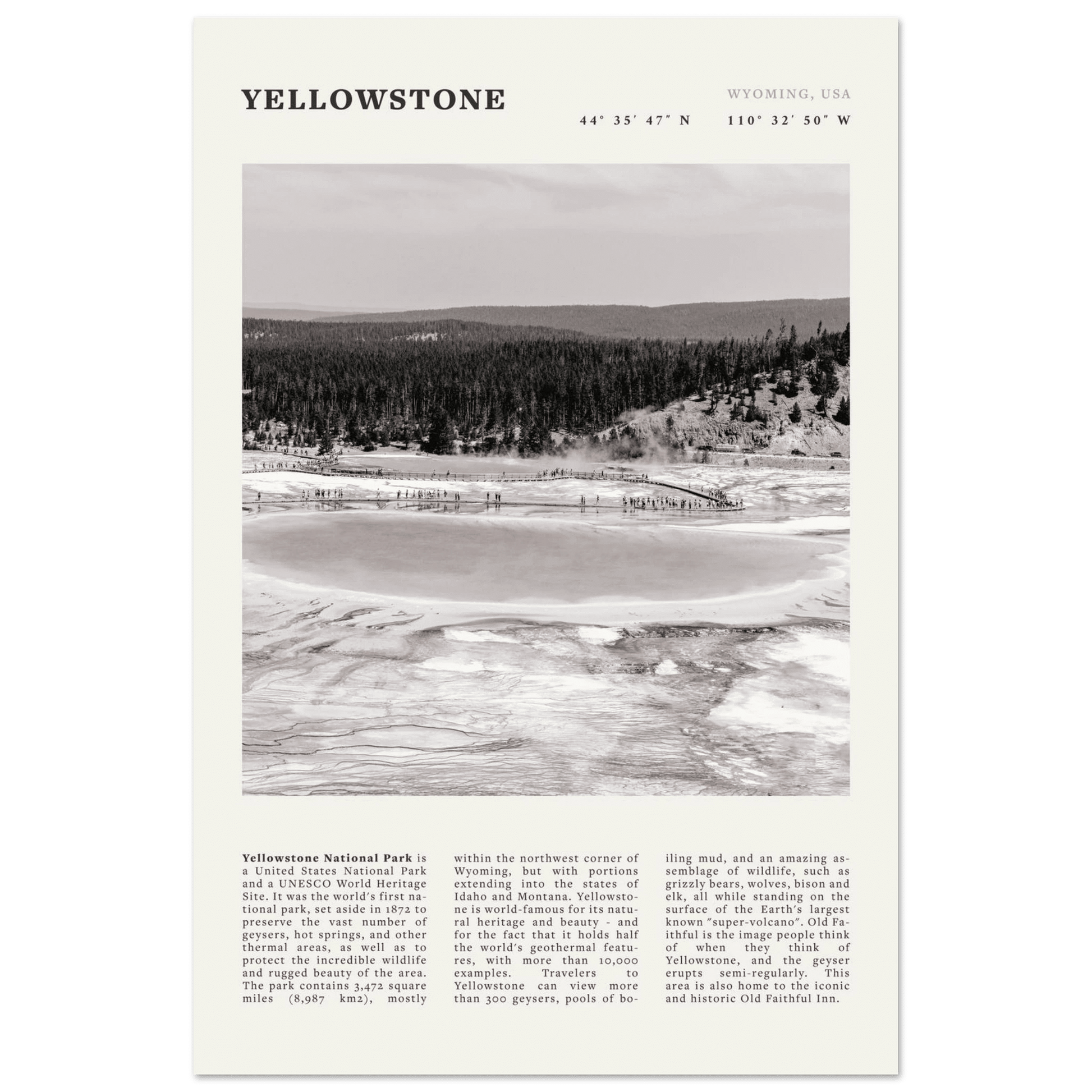 Yellowstone Poster | Black & White Grand Prismatic Spring Wall Art | WY Print - Evergreen Posters