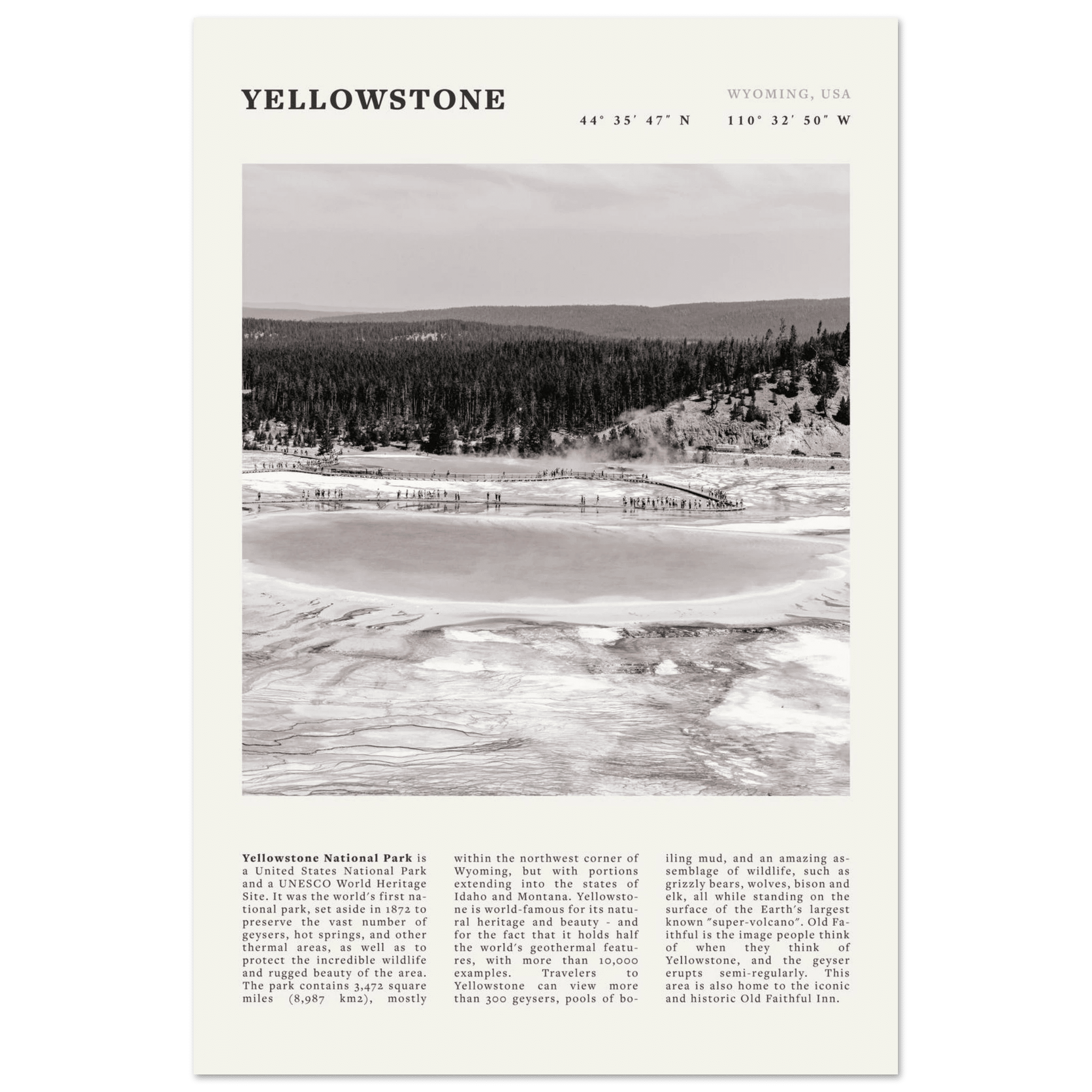 Yellowstone Poster | Black & White Grand Prismatic Spring Wall Art | WY Print - Evergreen Posters