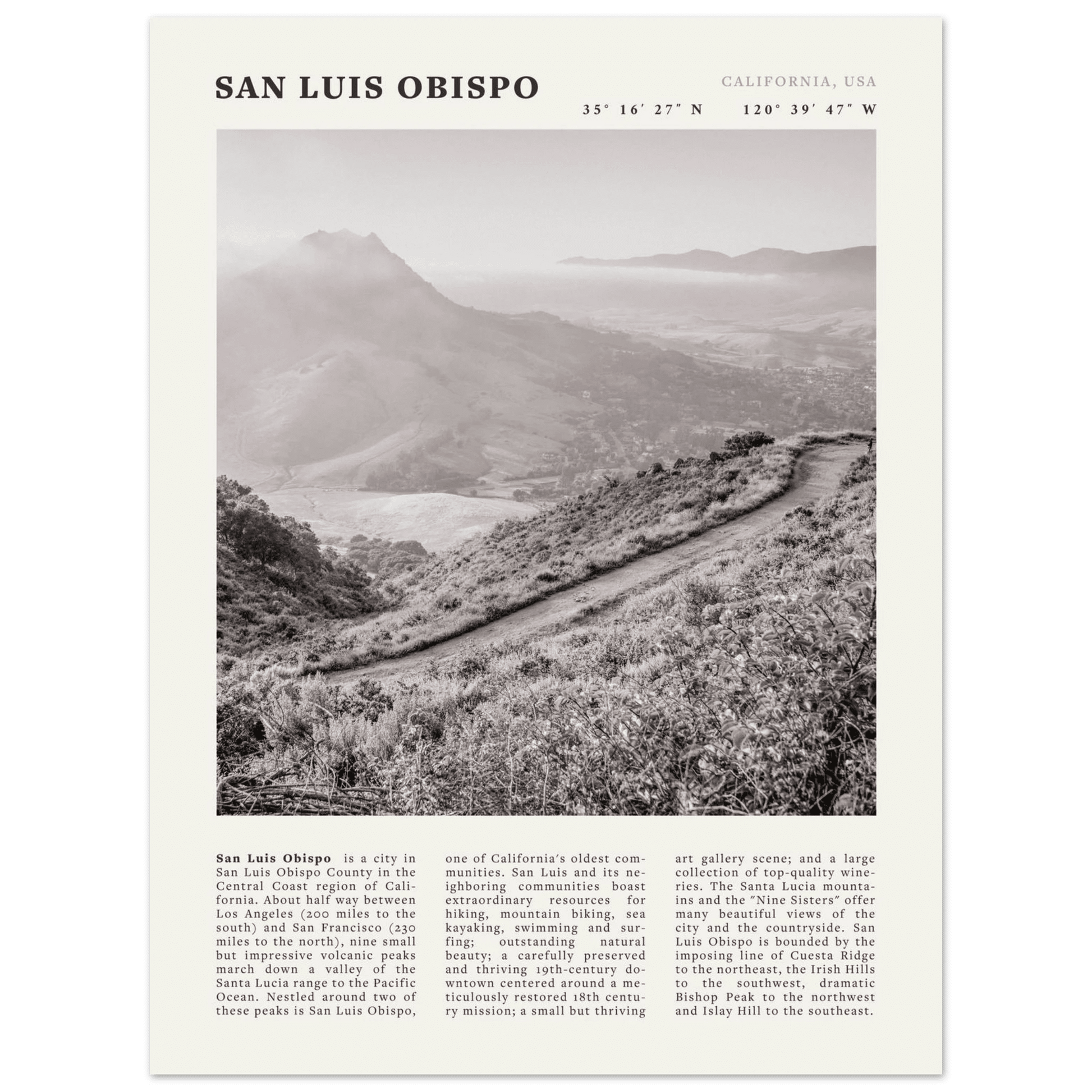 San Luis Obispo Poster | Black & White California Wall Art | SLO Travel Print - Evergreen Posters
