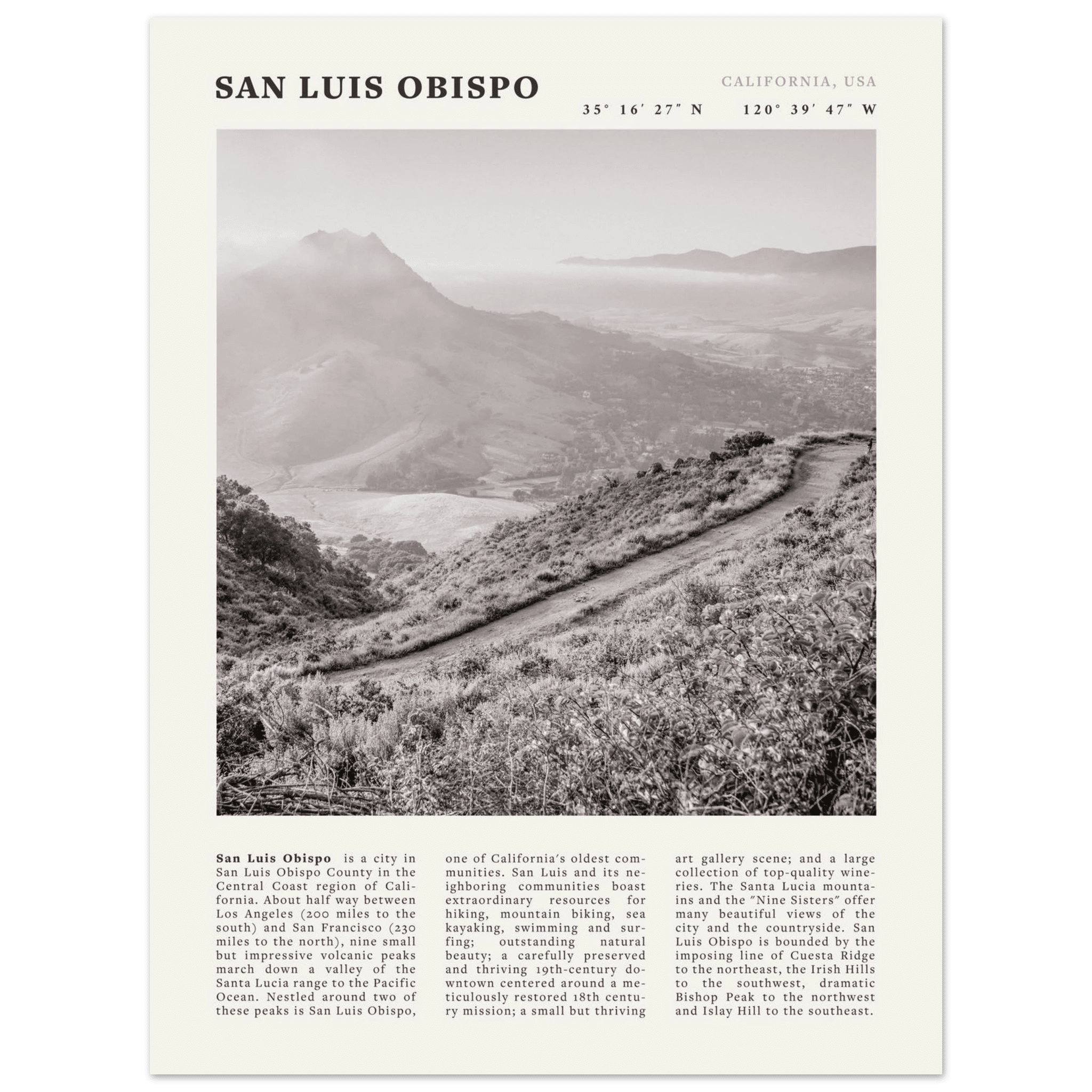 San Luis Obispo Poster | Black & White California Wall Art | SLO Travel Print - Evergreen Posters