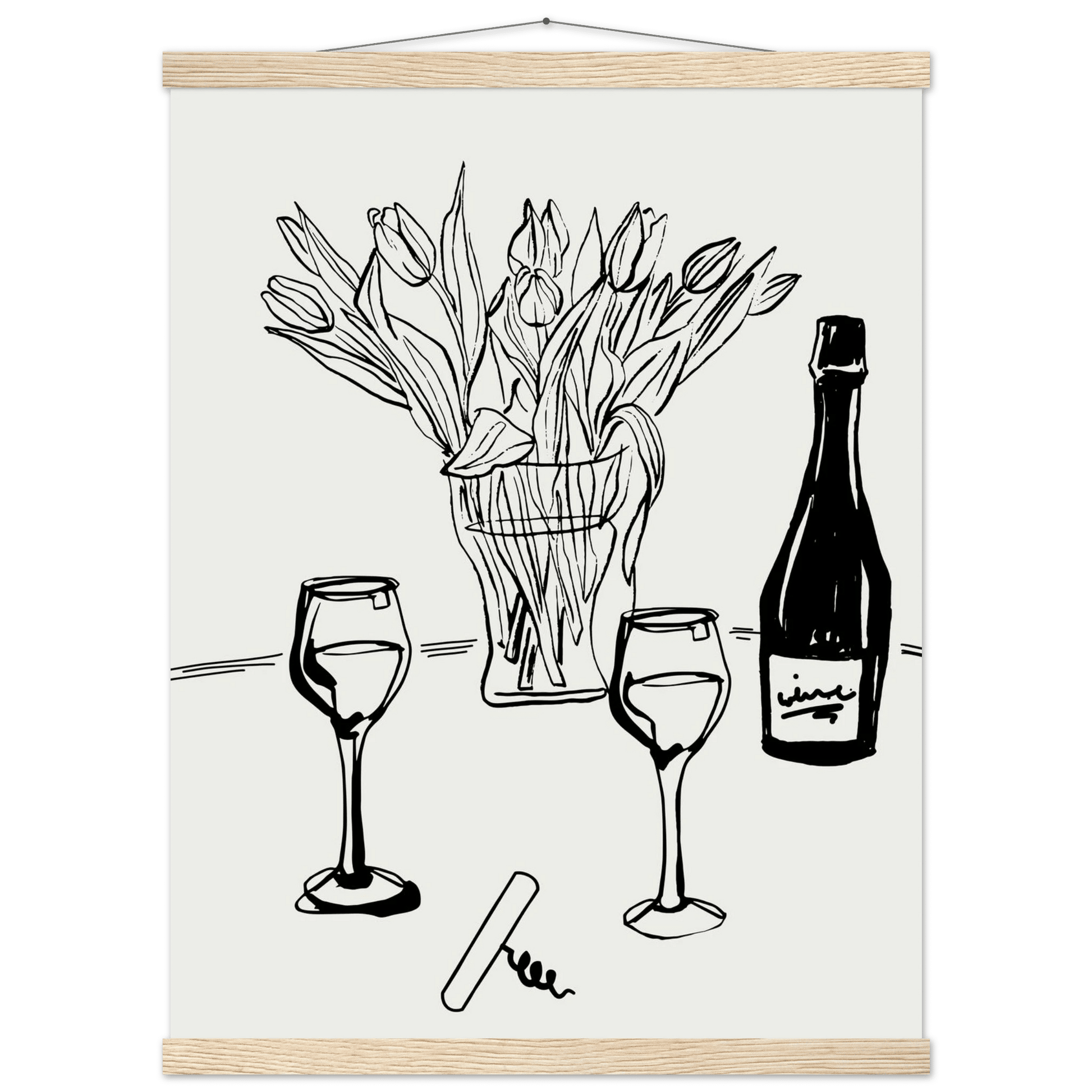 Wine & Tulips Print | Black Line Art Wine Bottle Wall Art | Minimalist Kitchen Poster - Evergreen Posters