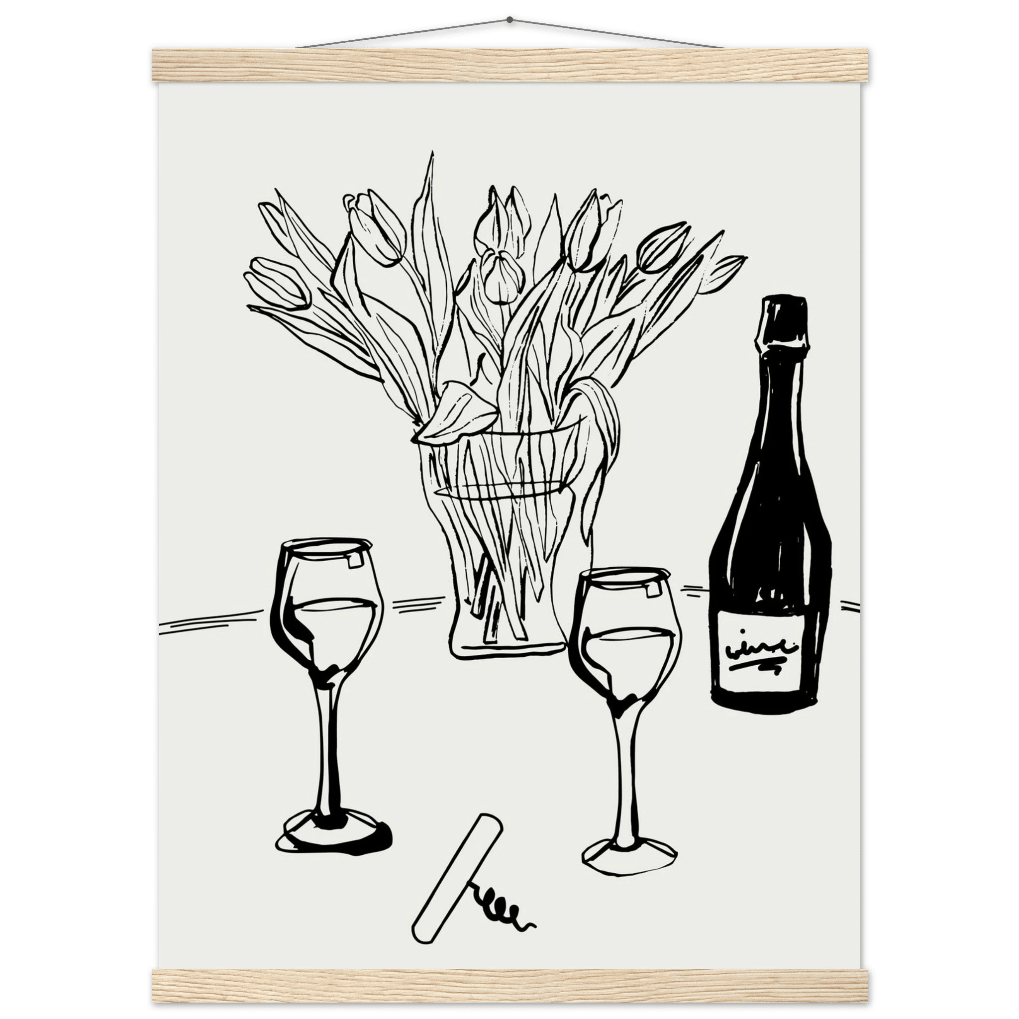 Wine & Tulips Print | Black Line Art Wine Bottle Wall Art | Minimalist Kitchen Poster - Evergreen Posters