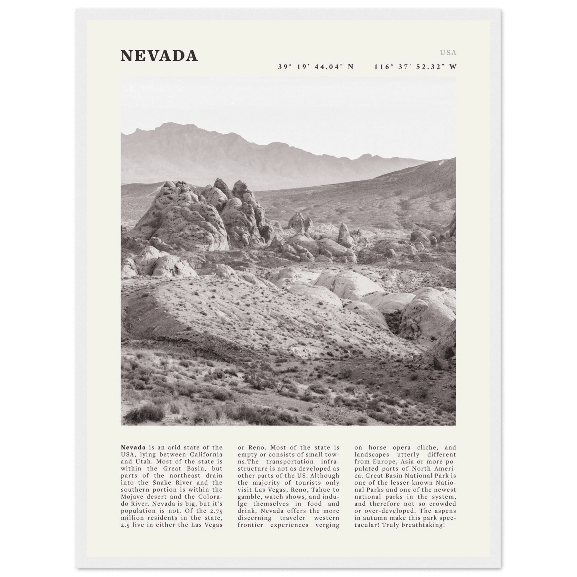 Nevada Poster | Black & White Desert Landscape Wall Art | USA Travel Print Decor - Evergreen Posters