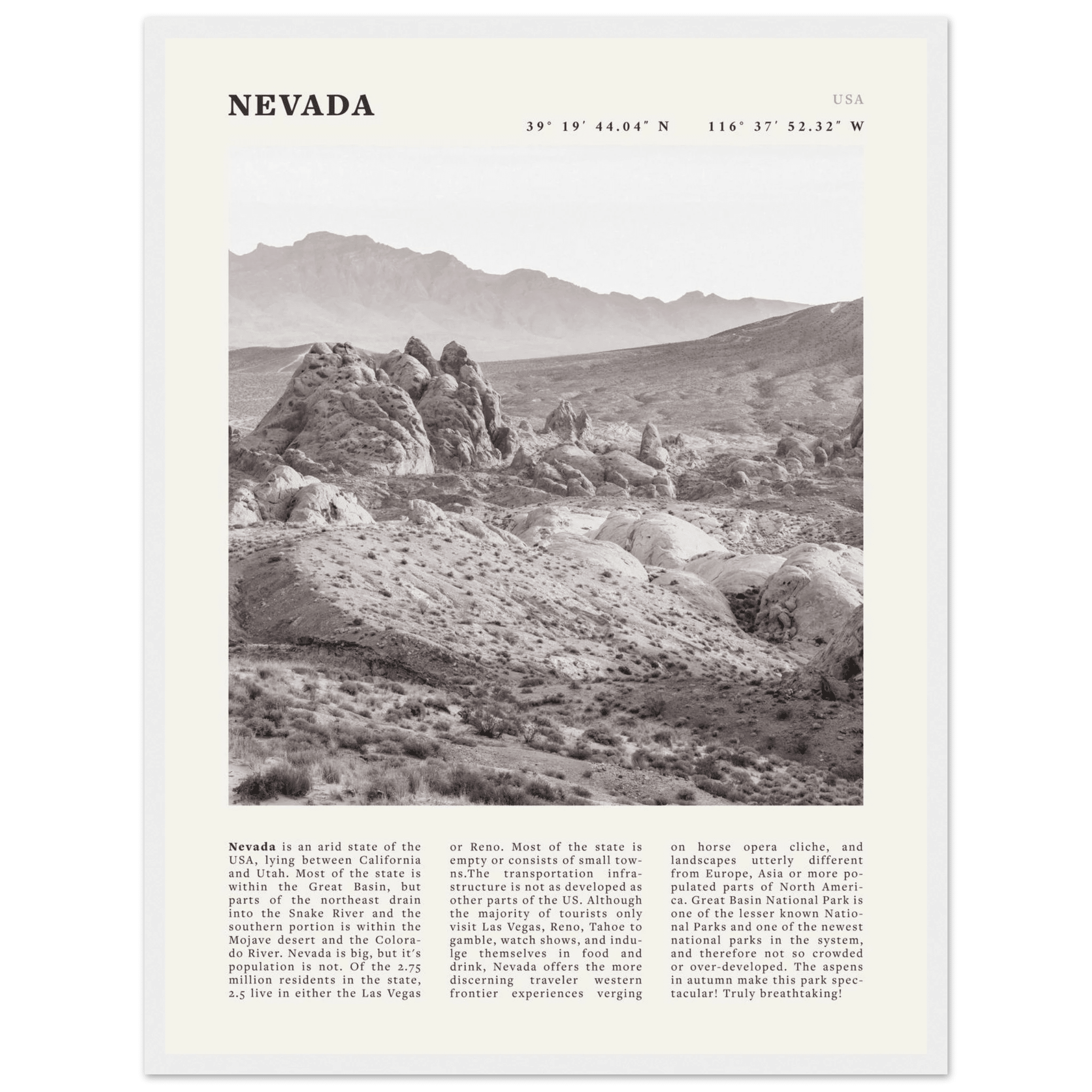 Nevada Poster | Black & White Desert Landscape Wall Art | USA Travel Print Decor - Evergreen Posters