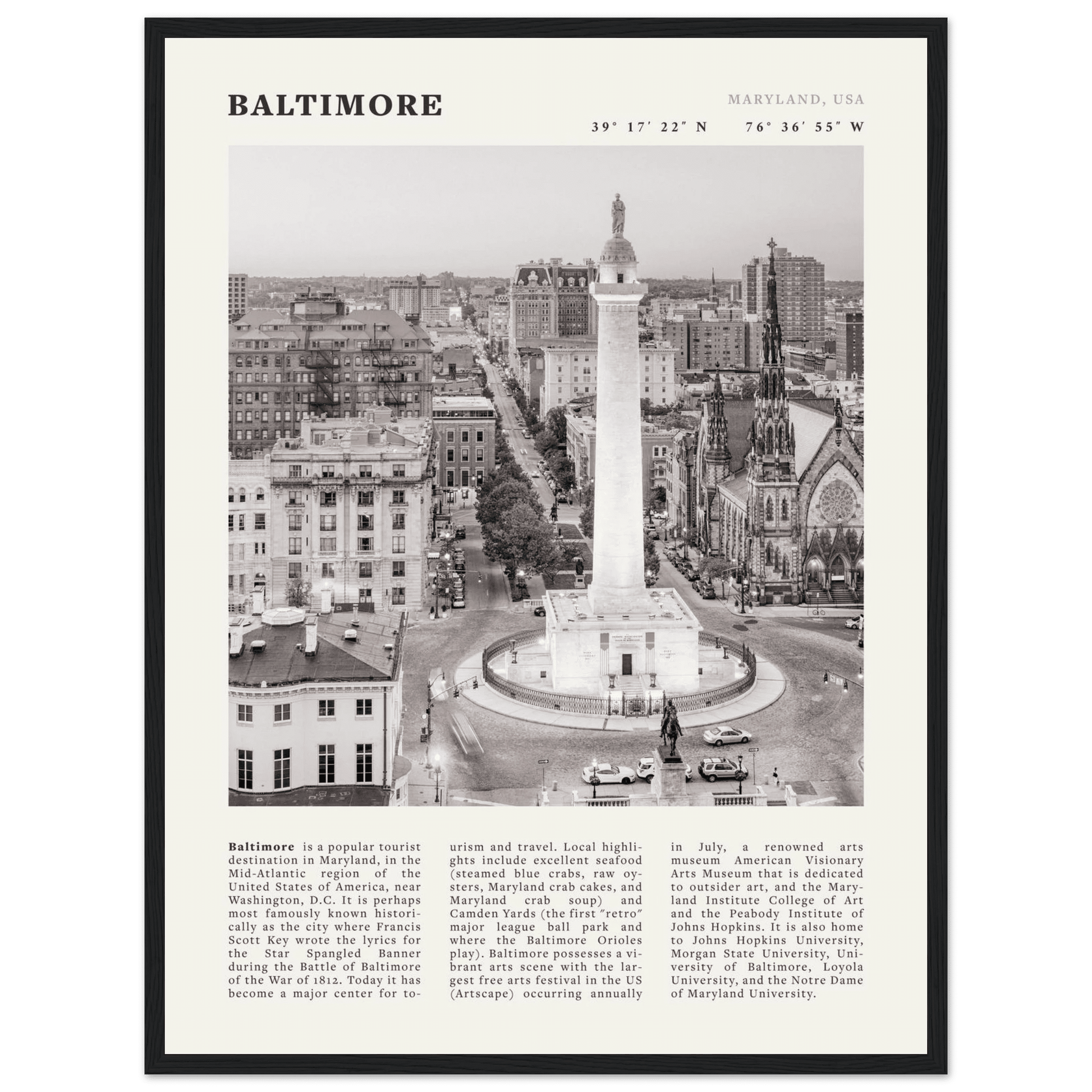 Baltimore Poster | Black & White Maryland City Wall Art | USA Travel Print - Evergreen Posters