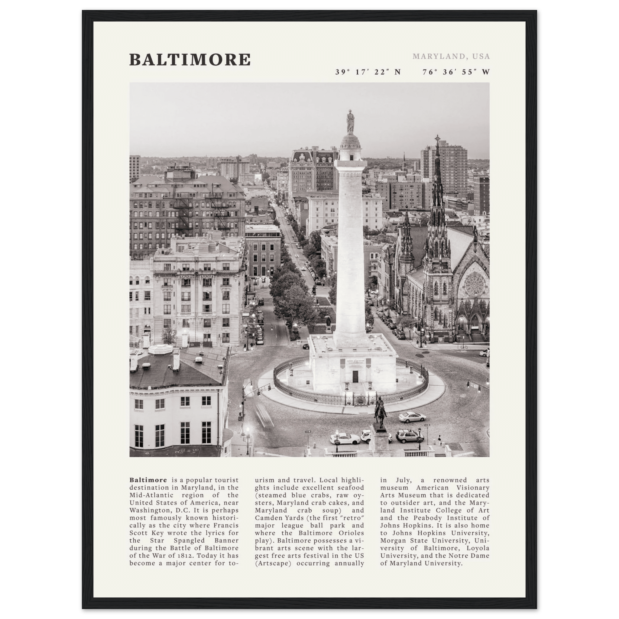 Baltimore Poster | Black & White Maryland City Wall Art | USA Travel Print - Evergreen Posters