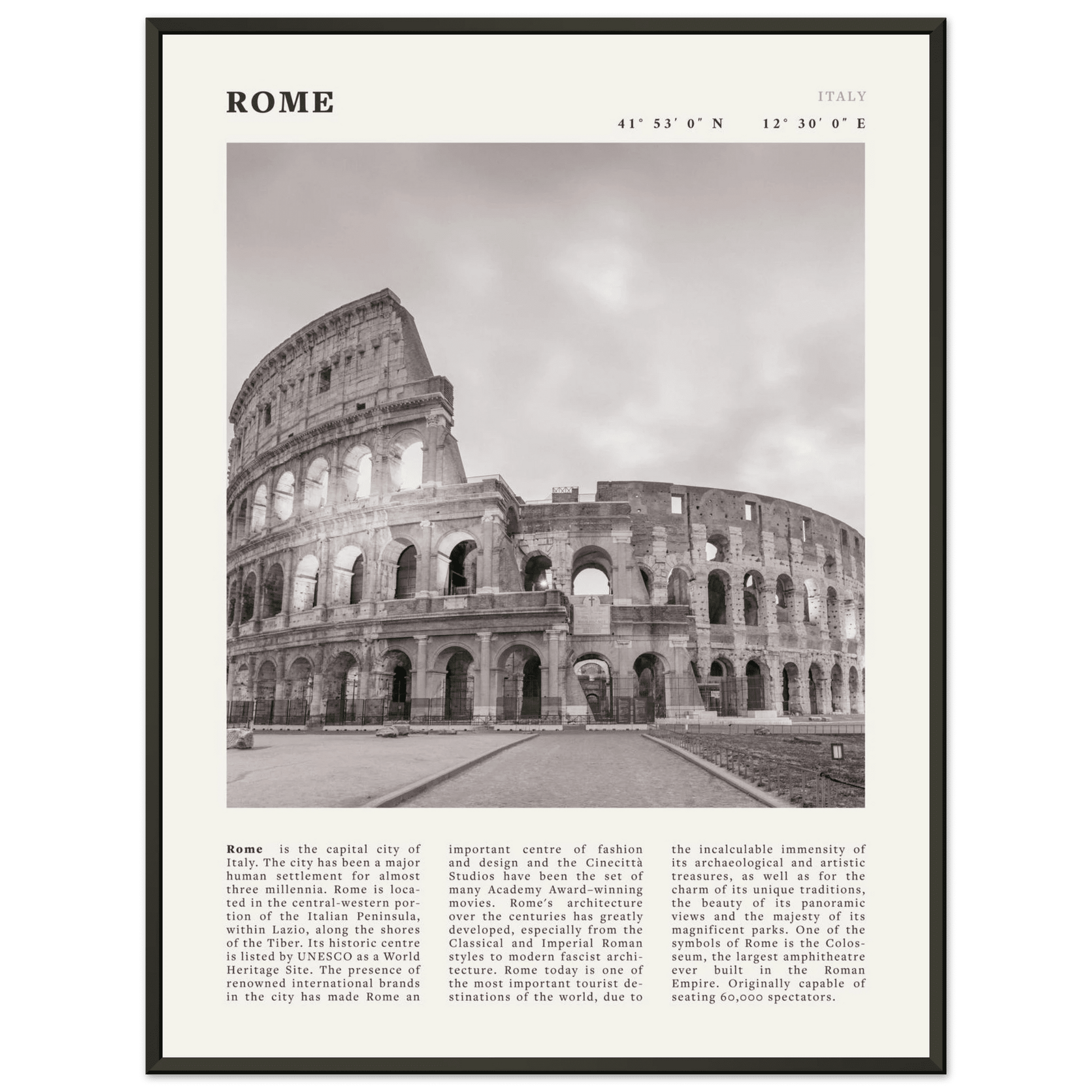 Rome Poster | Black & White Colosseum Wall Art | Italy Travel Print | Roman Decor - Evergreen Posters
