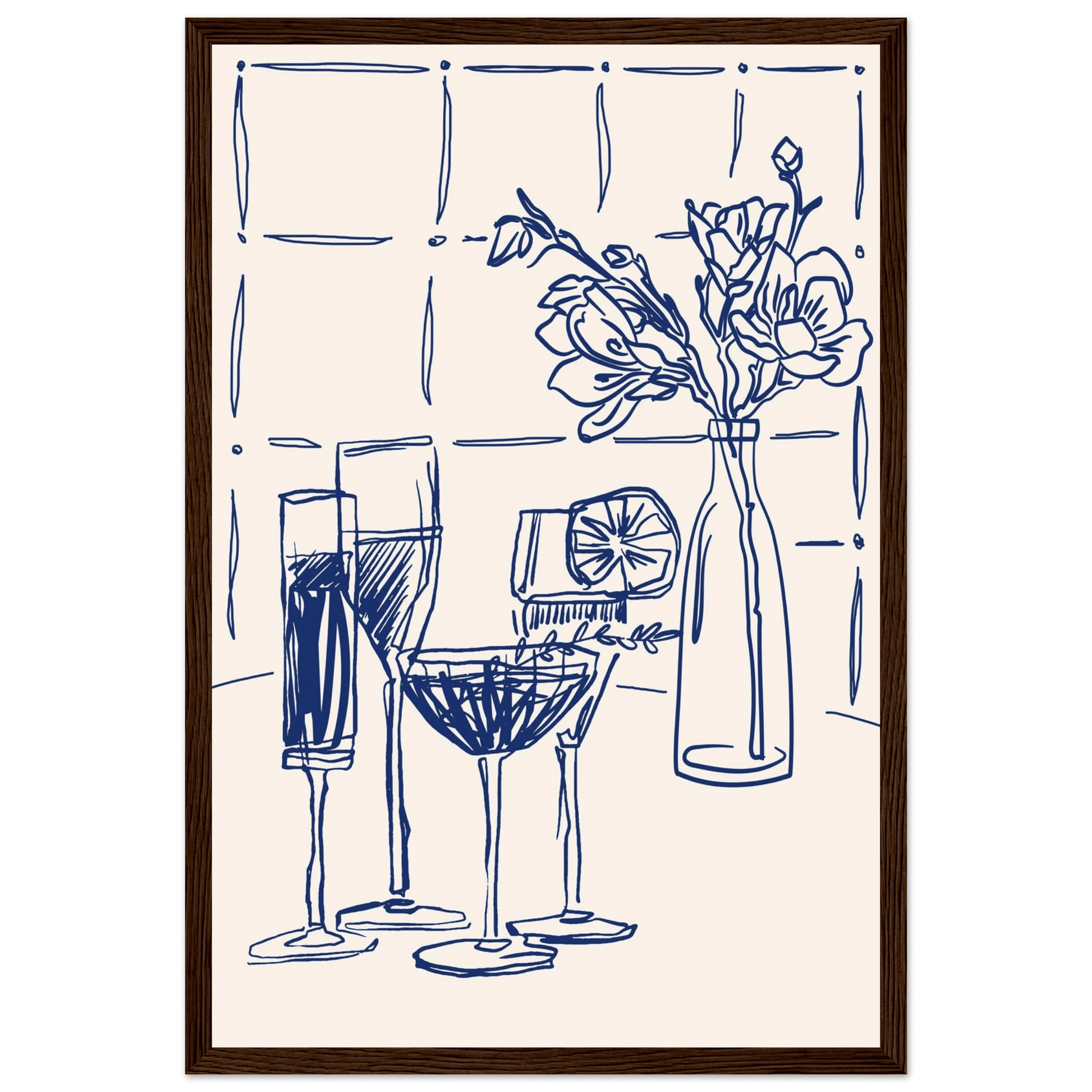 Cocktails & Flowers Print | Navy Blue Line Art Drinks Wall Art | Kitchen Bar Poster - Evergreen Posters