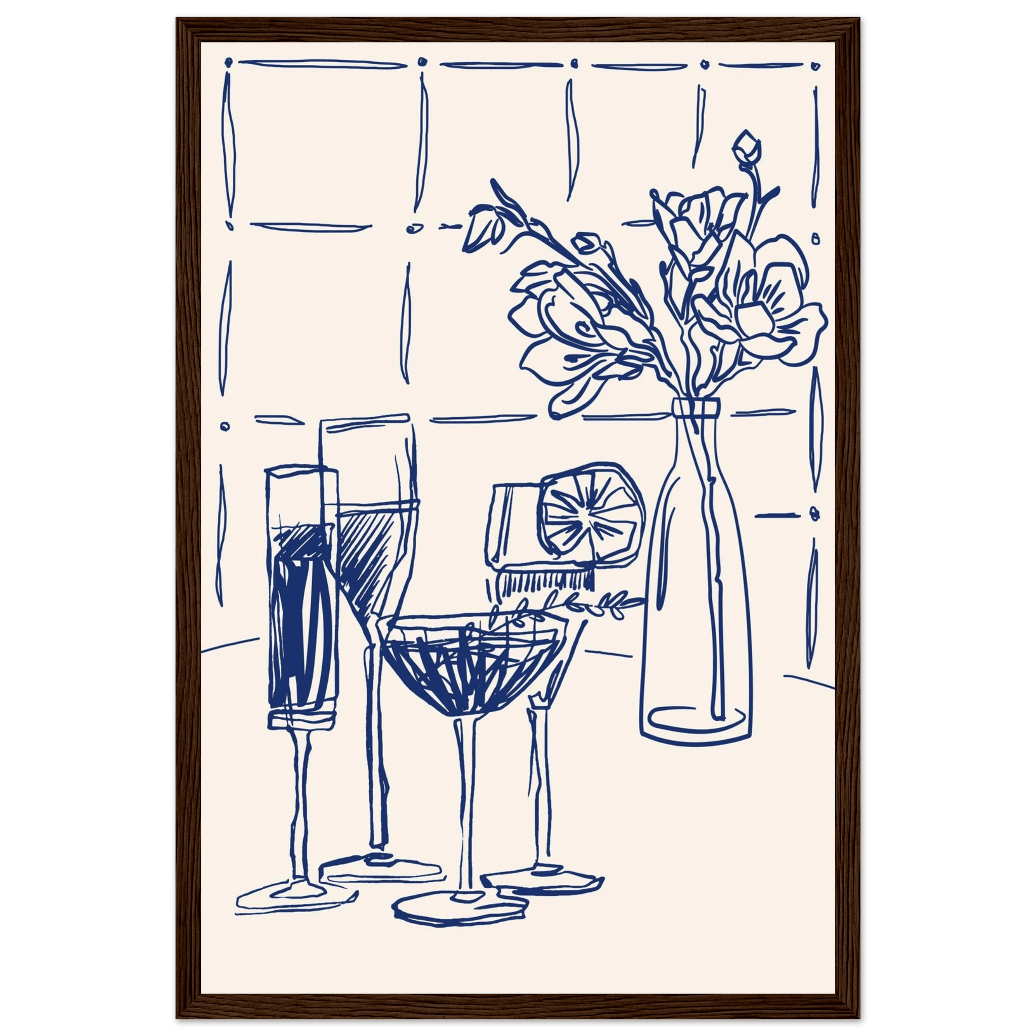 Cocktails & Flowers Print | Navy Blue Line Art Drinks Wall Art | Kitchen Bar Poster - Evergreen Posters