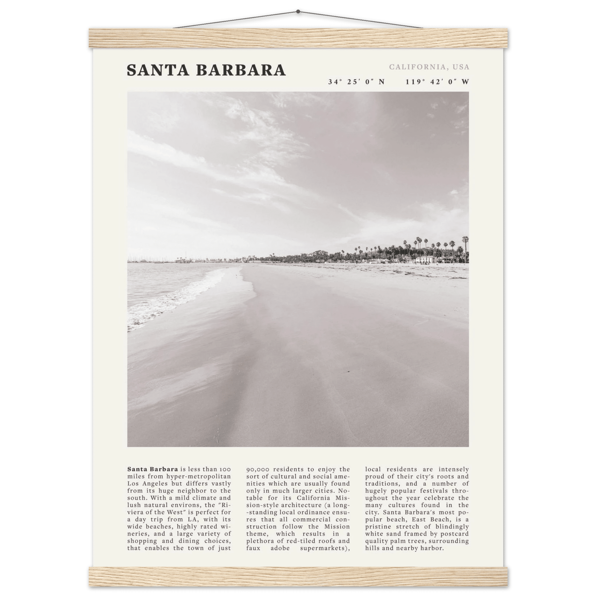 Santa Barbara Poster | Black & White California Beach Wall Art | CA Travel Print - Evergreen Posters