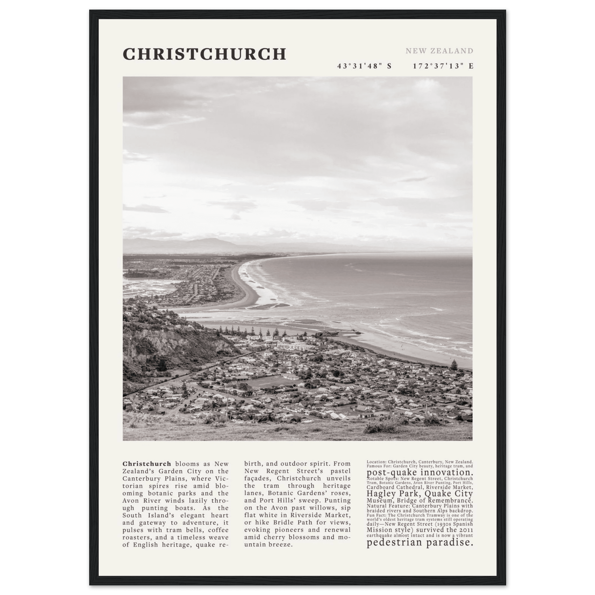 Christchurch New Zealand Poster Black and White – Vintage Garden City Panorama Print - Evergreen Posters