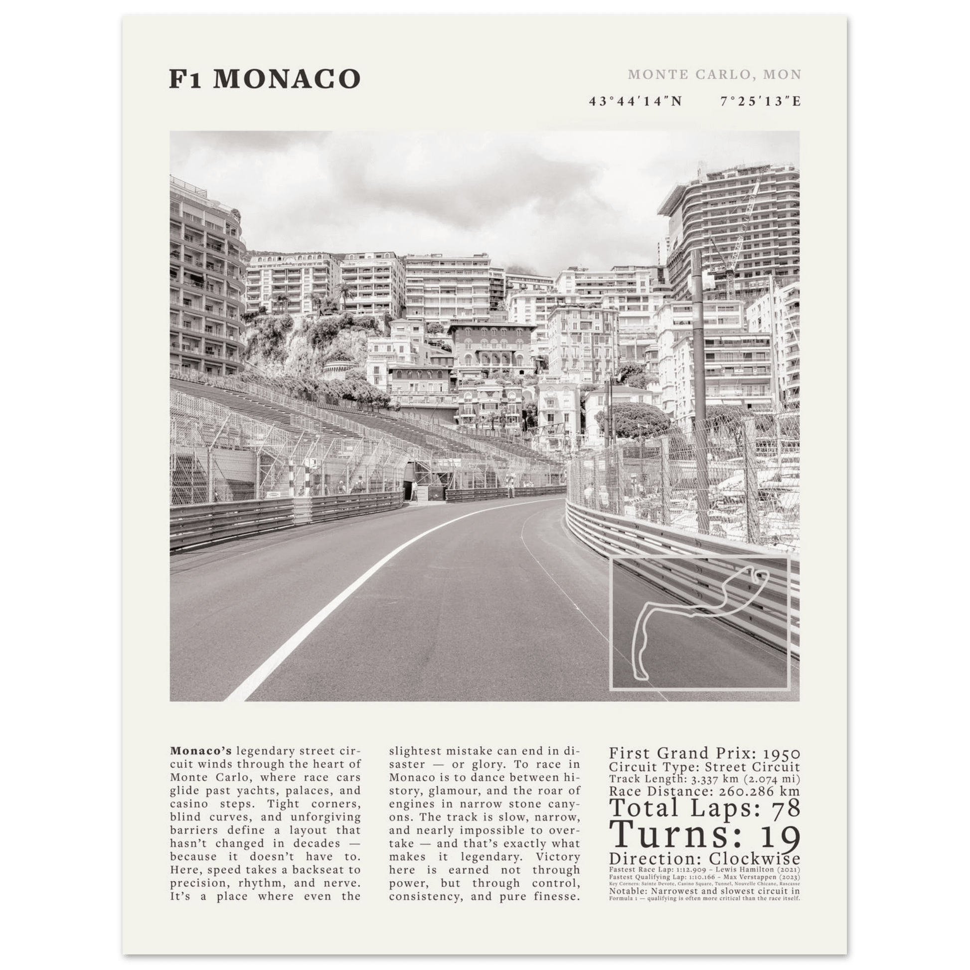 F1 Monaco Poster Black and White – Vintage Monte Carlo Street Circuit Print (Digital & Printed Options) - Evergreen Posters