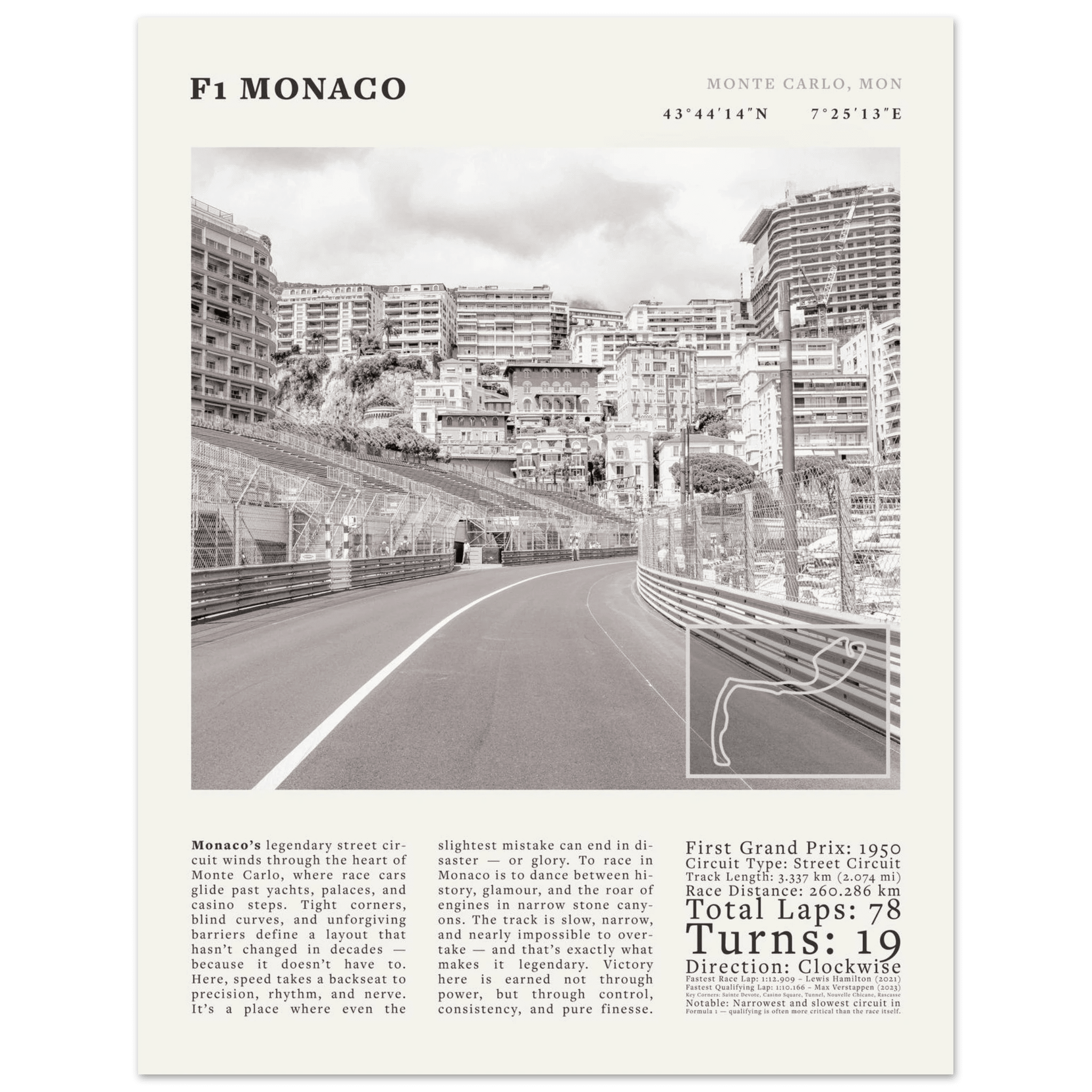 F1 Monaco Poster Black and White – Vintage Monte Carlo Street Circuit Print (Digital & Printed Options) - Evergreen Posters