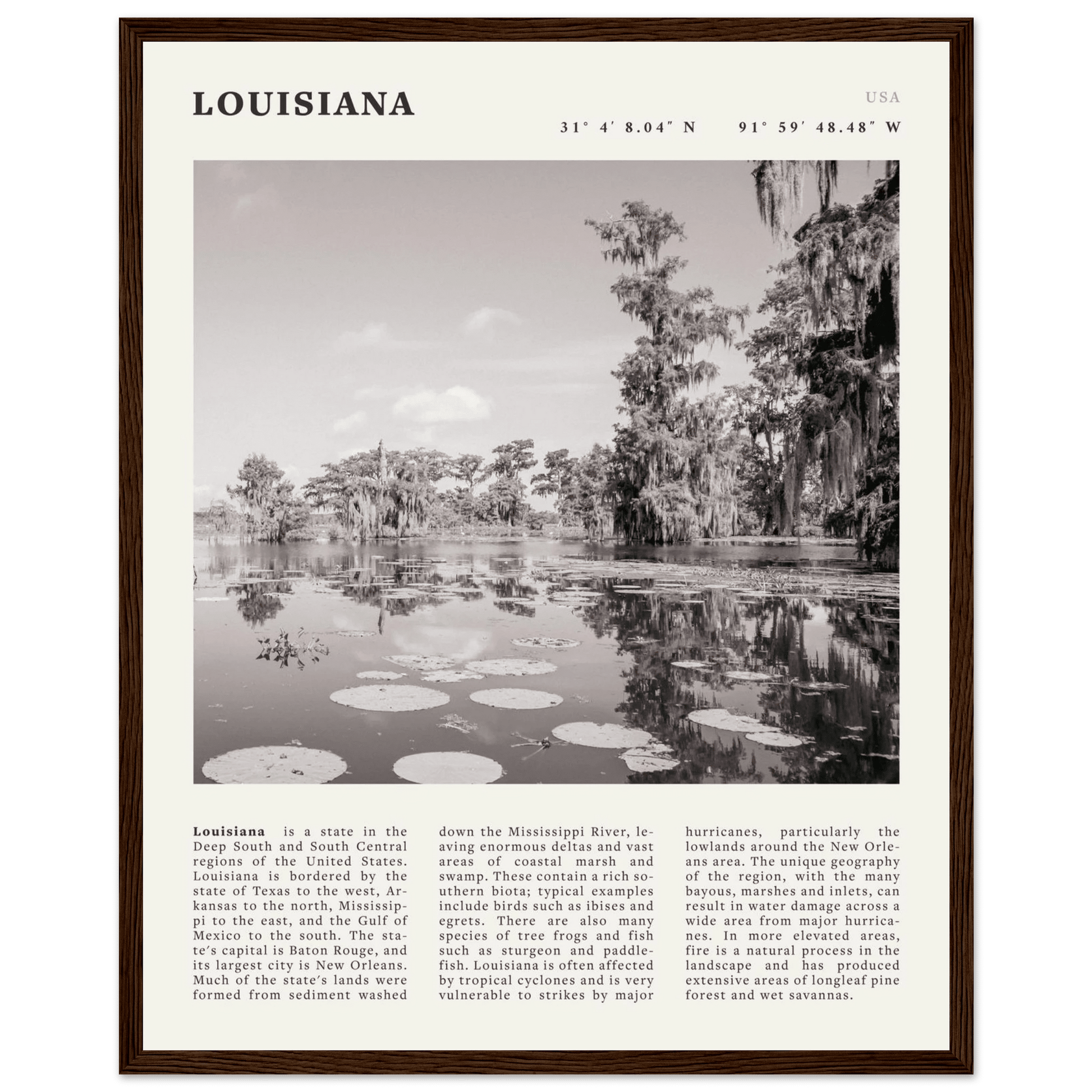 Louisiana Poster | Black & White Bayou Wall Art | Southern USA Travel Print Decor - Evergreen Posters
