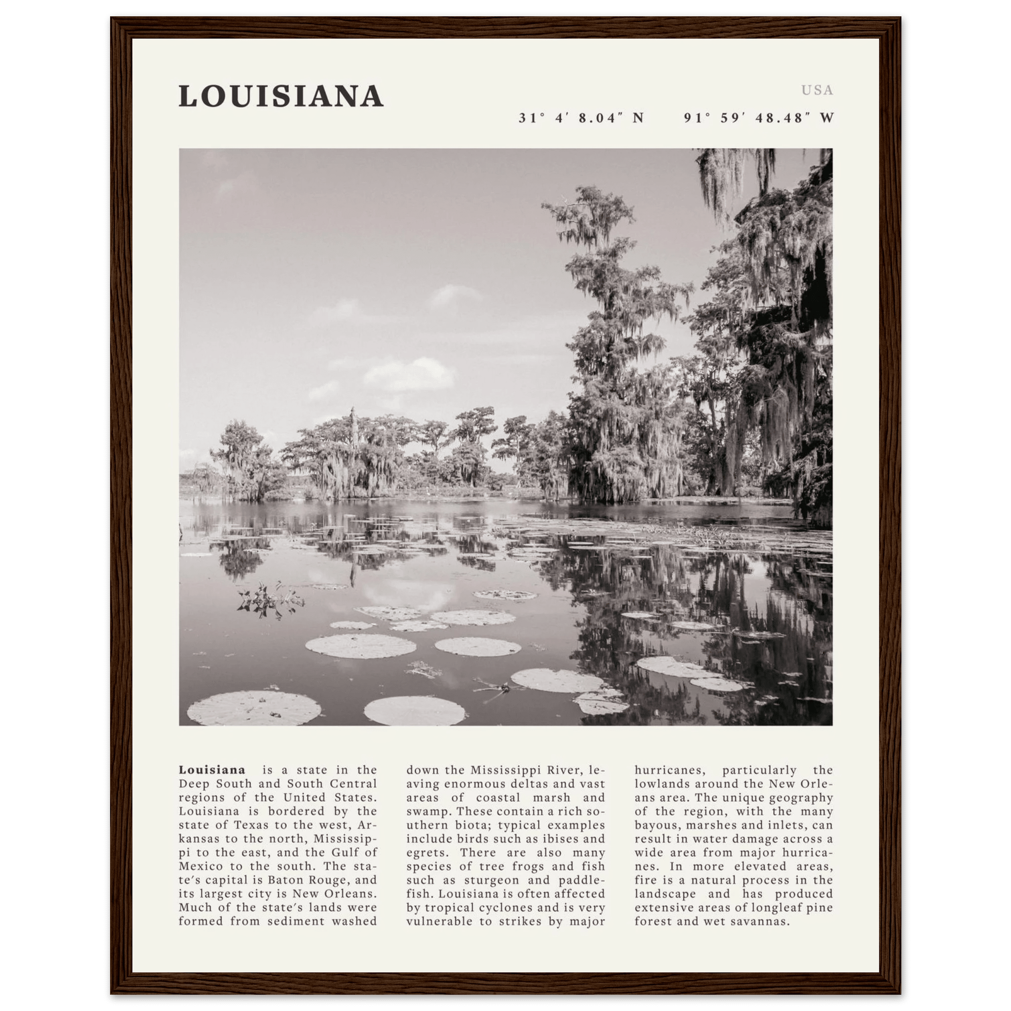 Louisiana Poster | Black & White Bayou Wall Art | Southern USA Travel Print Decor - Evergreen Posters