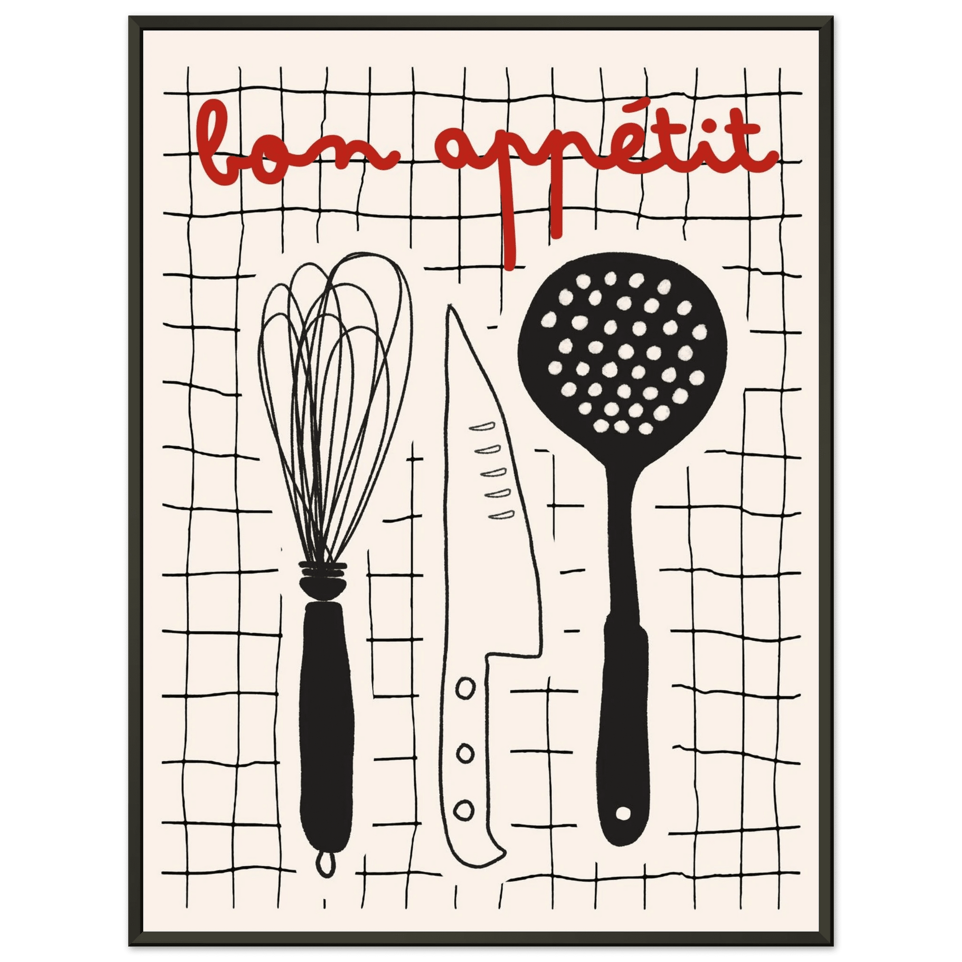 Bon Appétit French Kitchen Print | Bold Black Red Wall Art Poster - Evergreen Posters