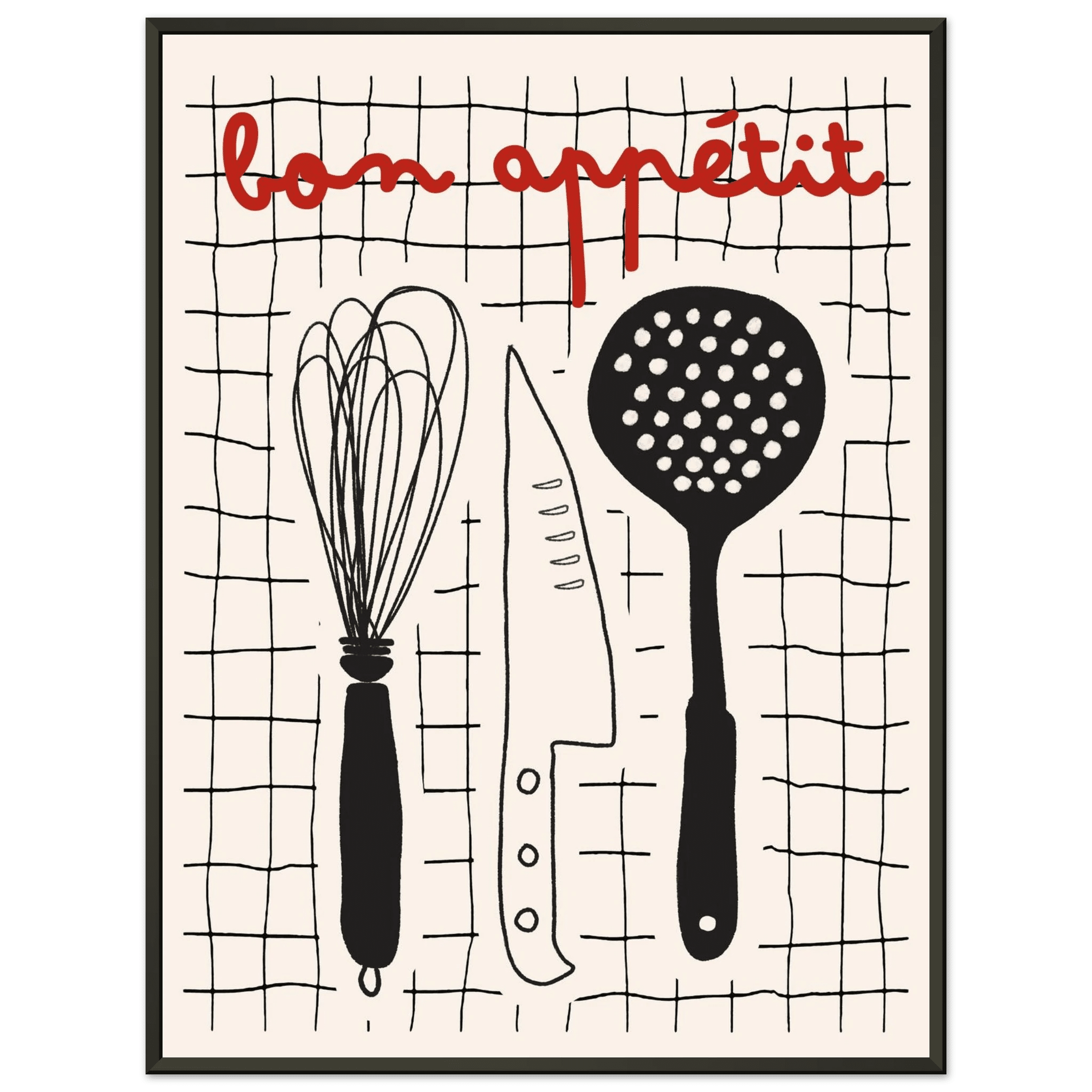 Bon Appétit French Kitchen Print | Bold Black Red Wall Art Poster - Evergreen Posters