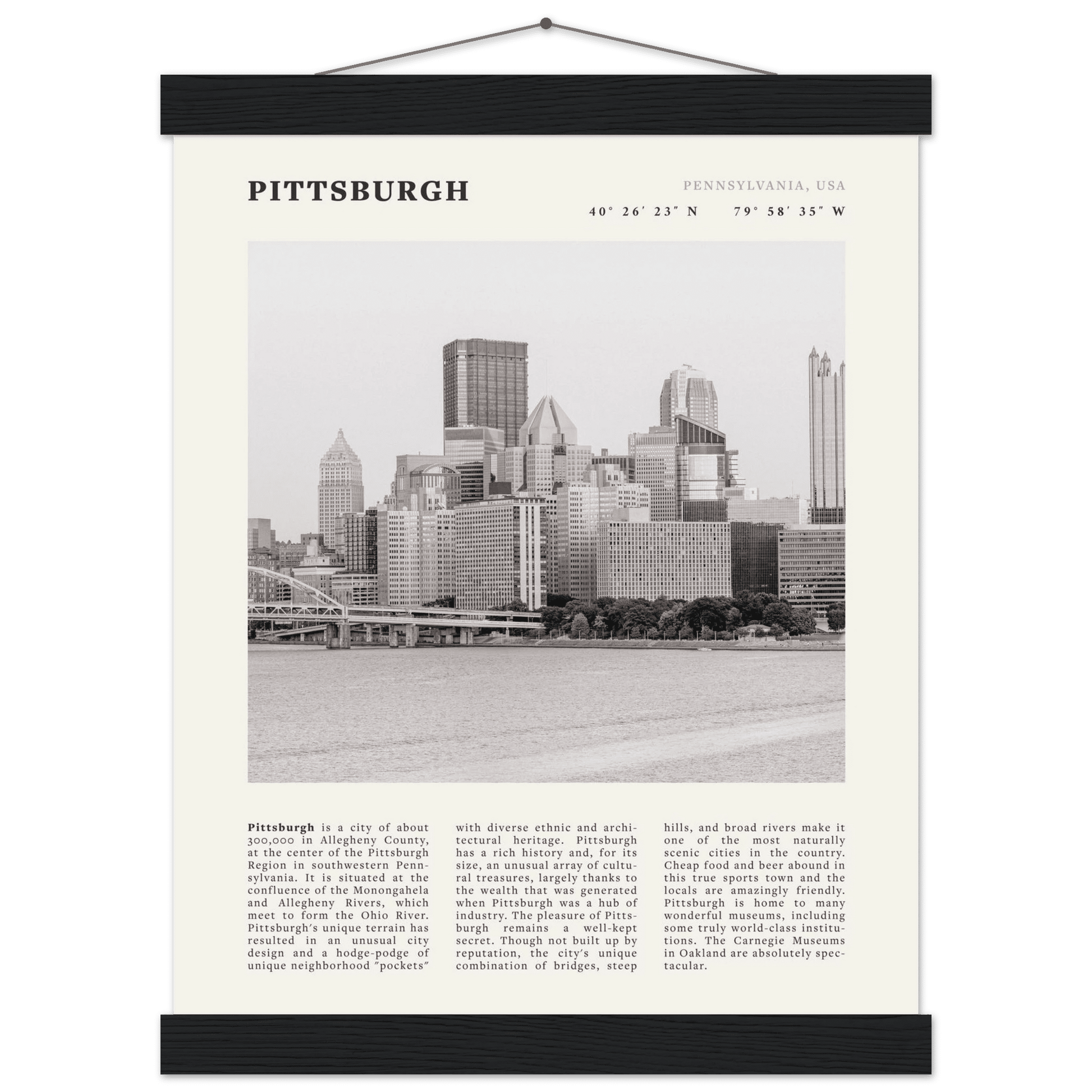 Pittsburgh Poster | Black & White Pennsylvania Skyline Wall Art | PA Travel Print - Evergreen Posters
