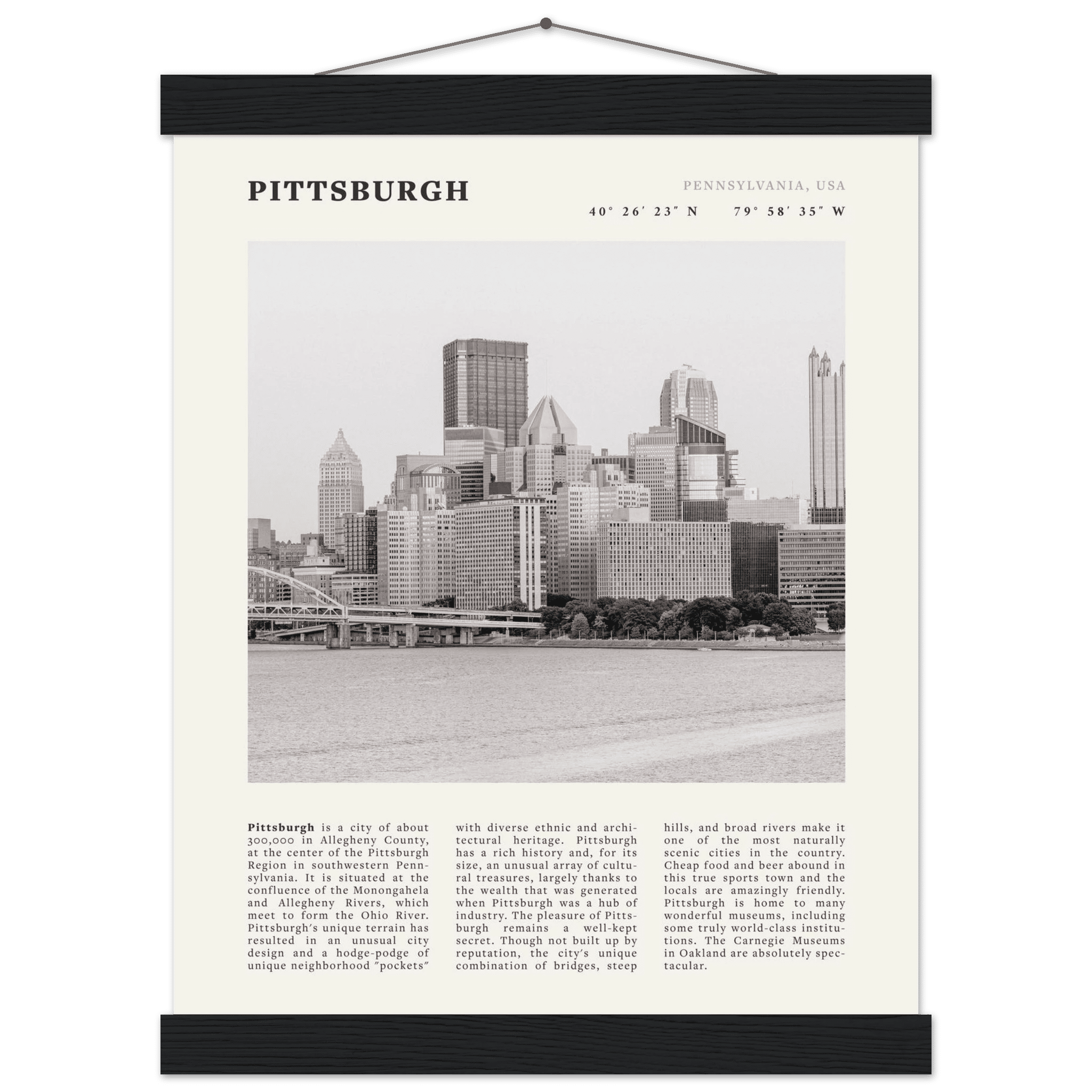 Pittsburgh Poster | Black & White Pennsylvania Skyline Wall Art | PA Travel Print - Evergreen Posters
