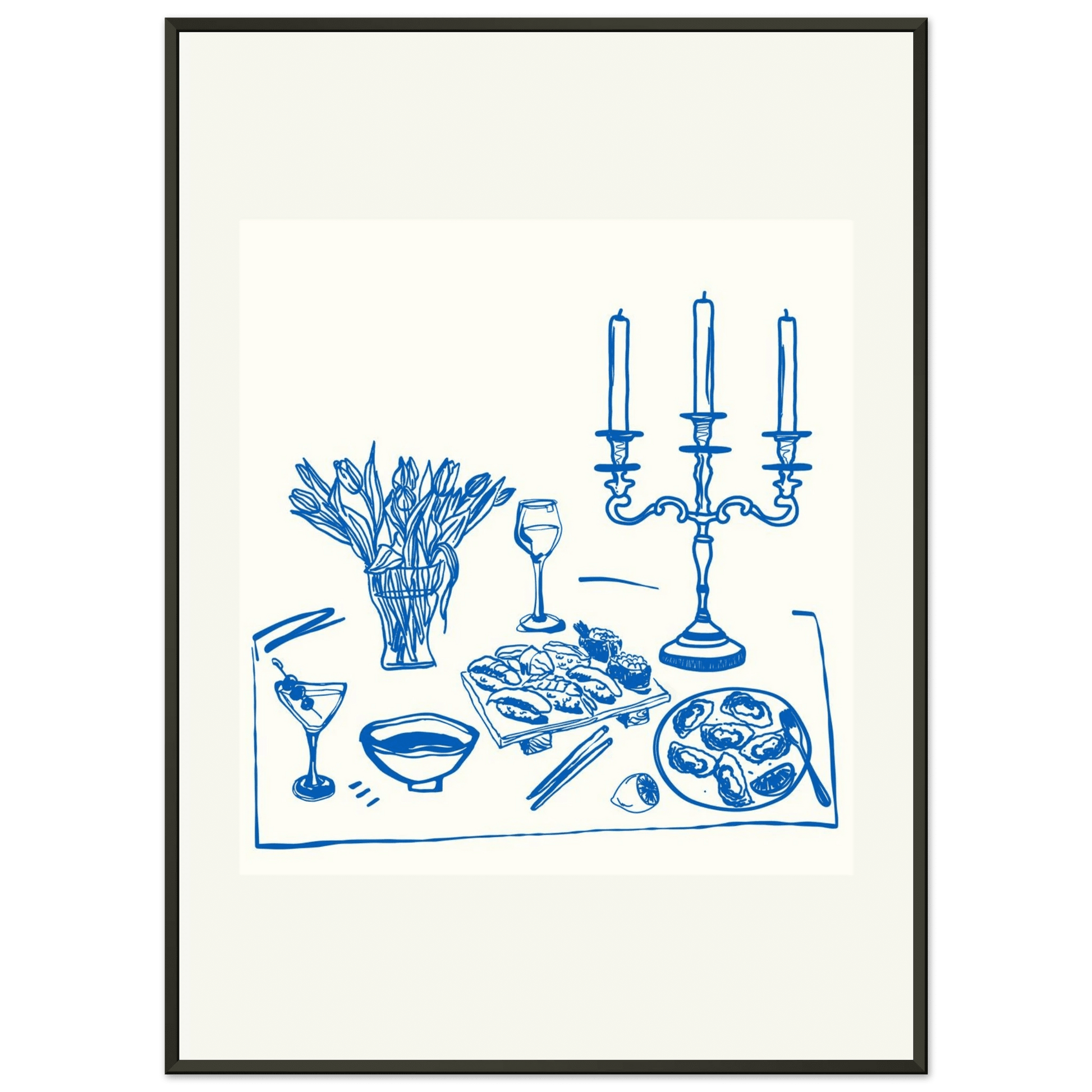 Fine Dining Table Print | Blue Line Art Kitchen Wall Art | Elegant Dining Room Poster - Evergreen Posters