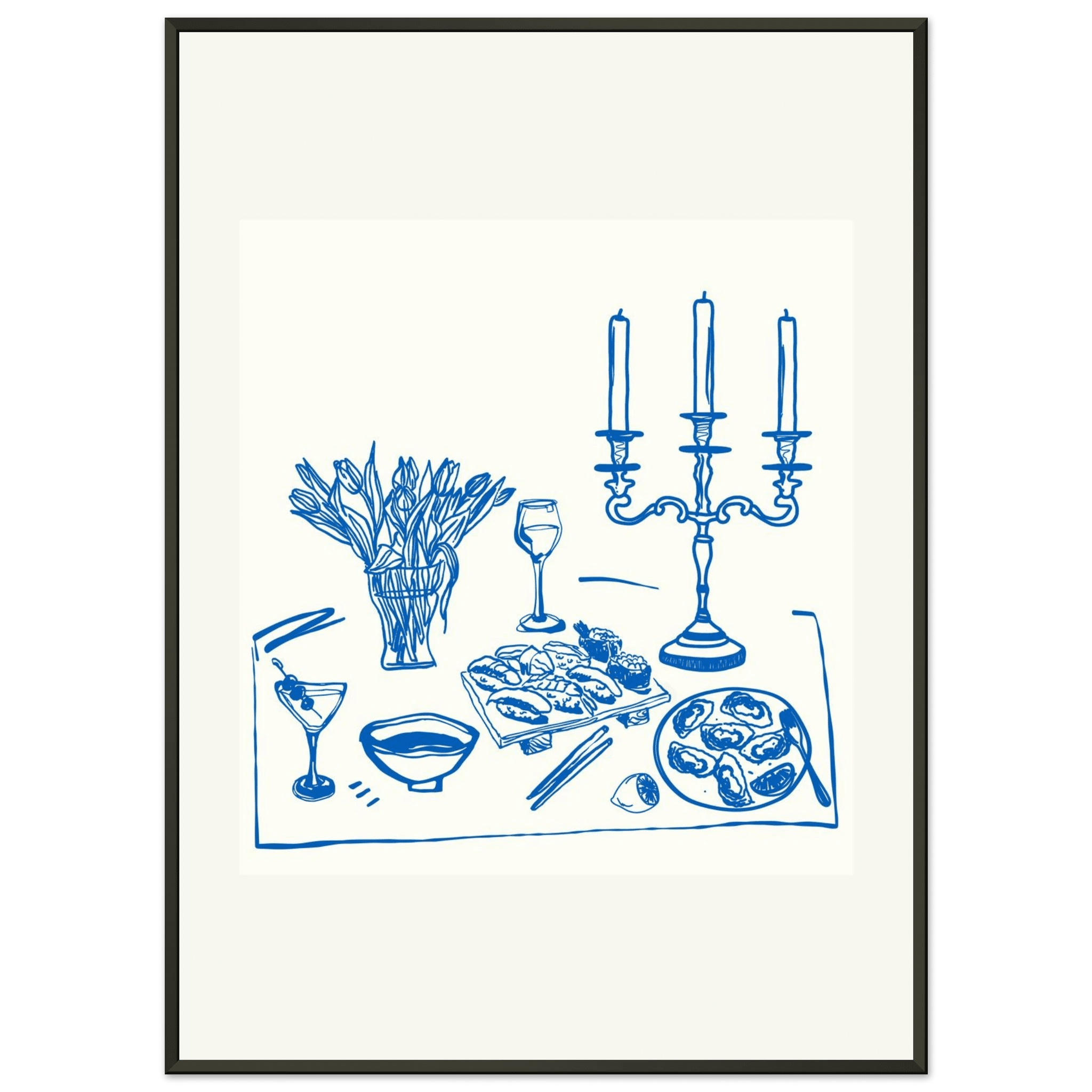 Fine Dining Table Print | Blue Line Art Kitchen Wall Art | Elegant Dining Room Poster - Evergreen Posters