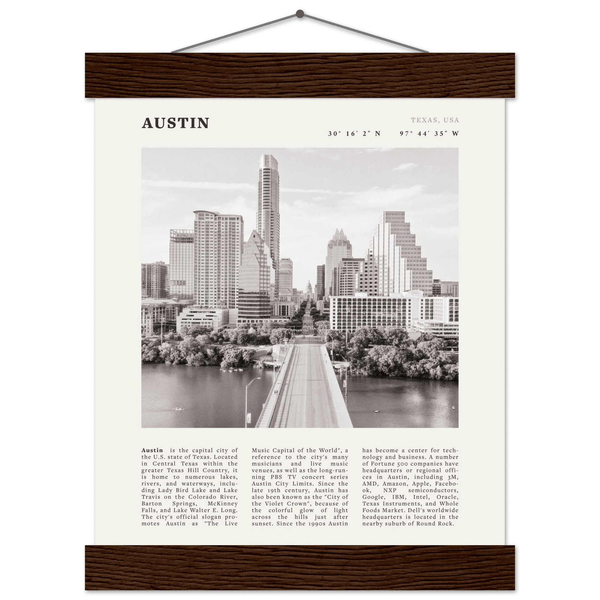 Austin Poster | Black & White Texas Skyline Wall Art | City Travel Print Decor - Evergreen Posters
