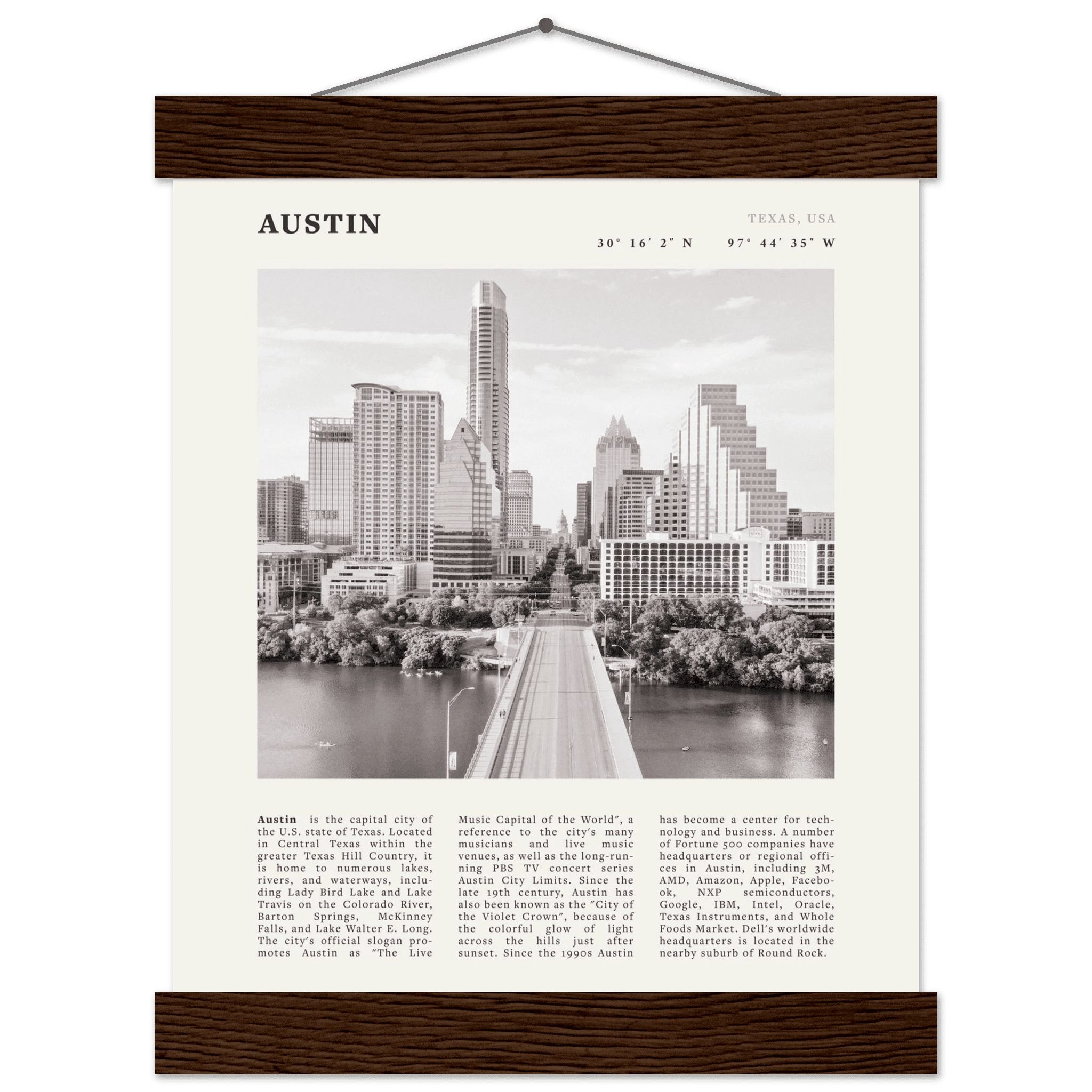 Austin Poster | Black & White Texas Skyline Wall Art | City Travel Print Decor - Evergreen Posters