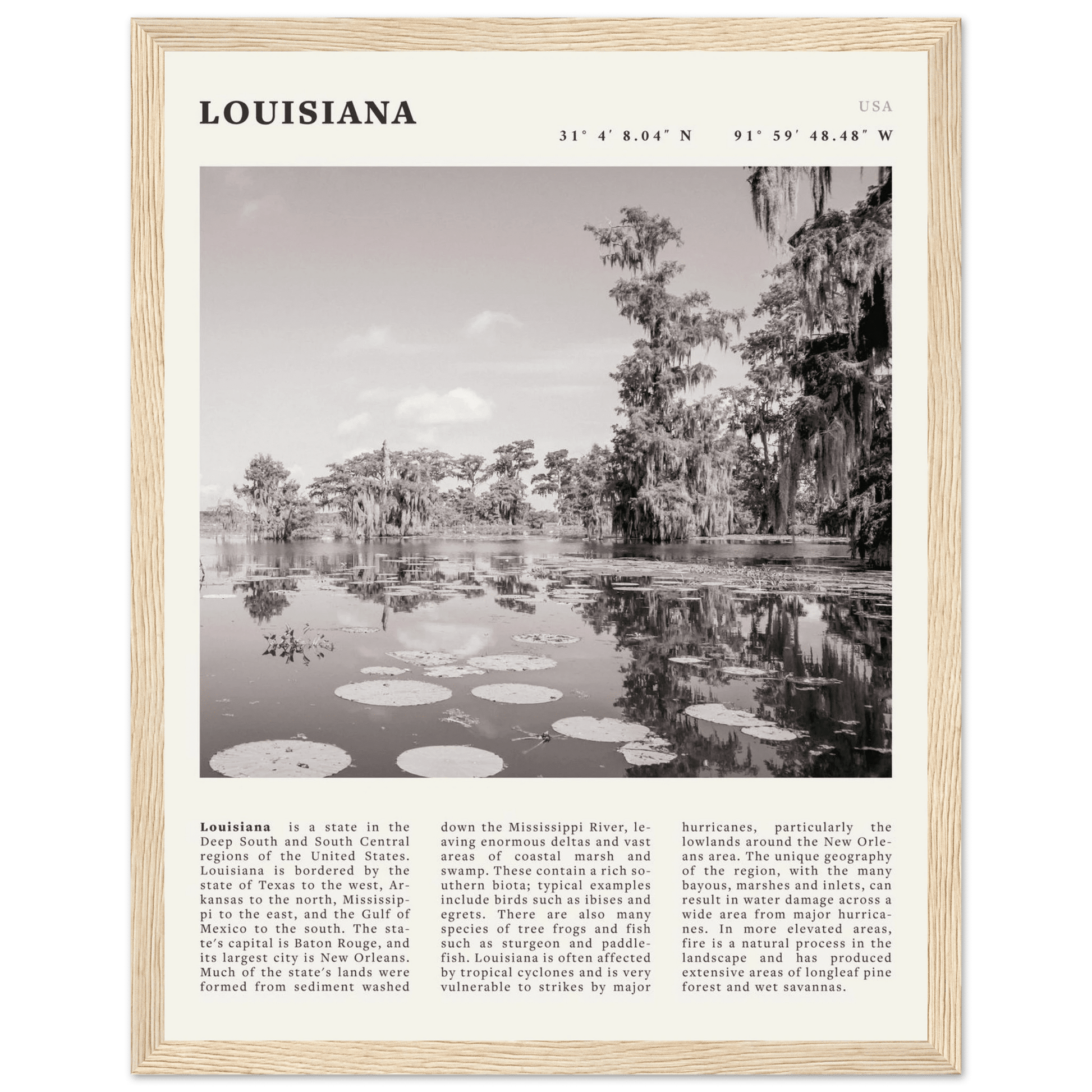 Louisiana Poster | Black & White Bayou Wall Art | Southern USA Travel Print Decor - Evergreen Posters