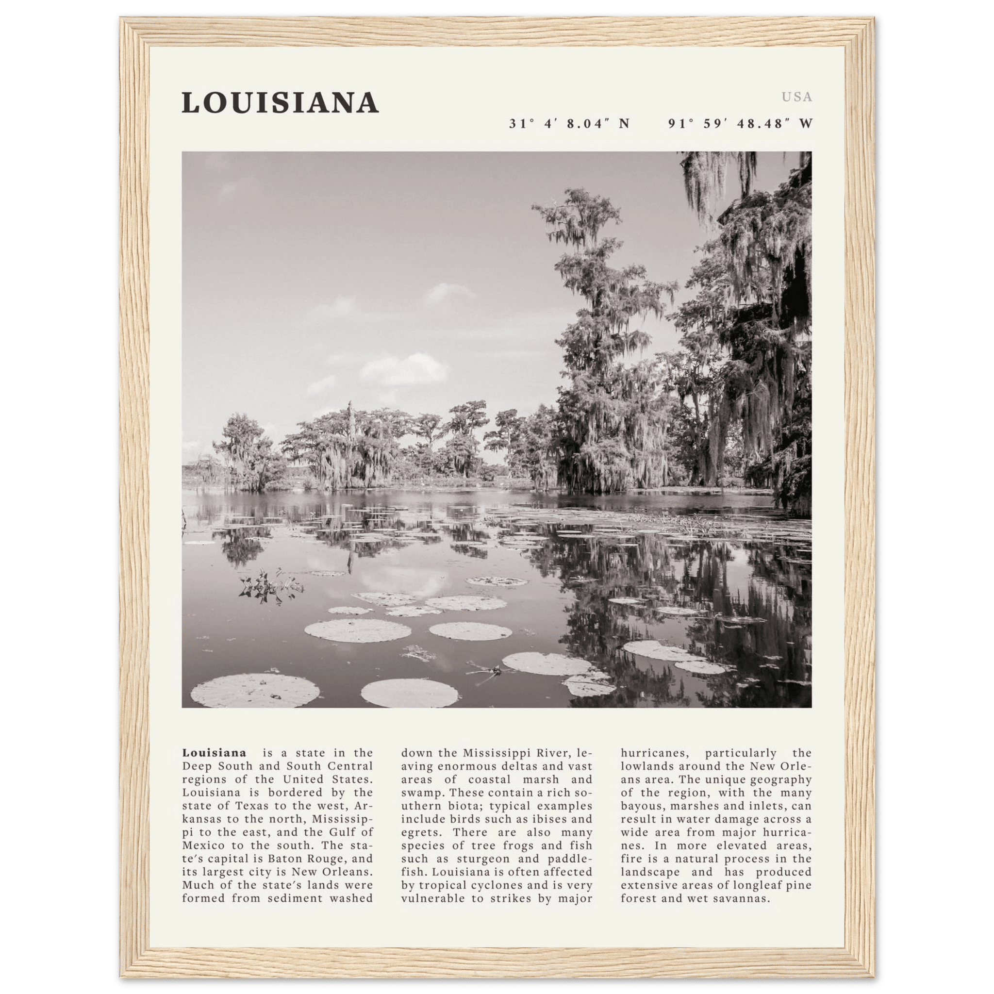 Louisiana Poster | Black & White Bayou Wall Art | Southern USA Travel Print Decor - Evergreen Posters
